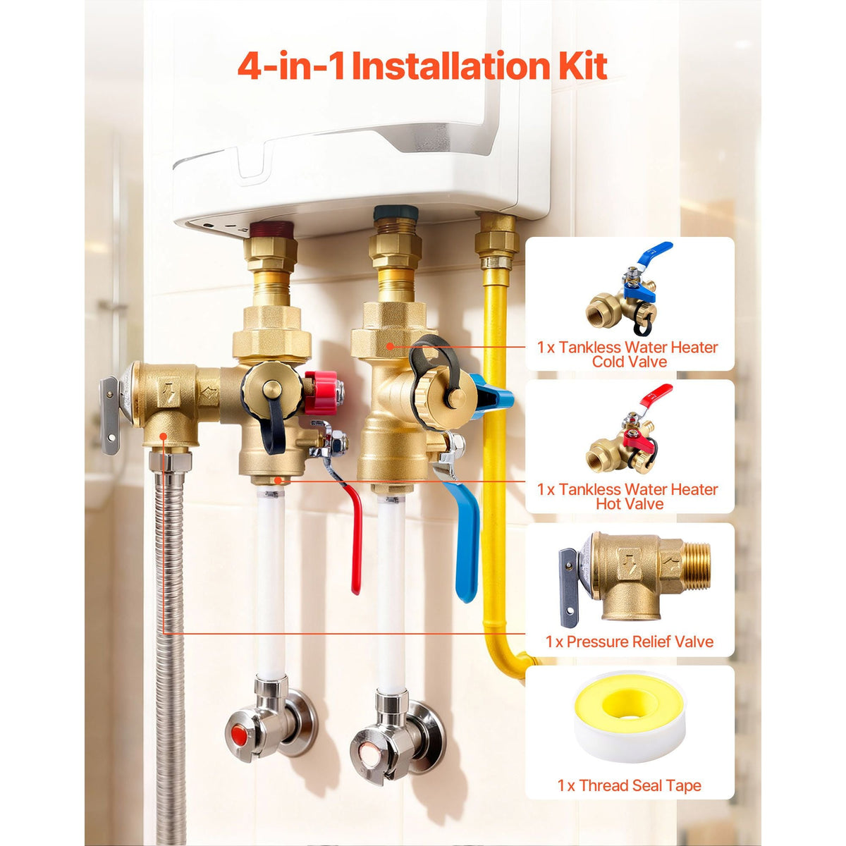 Water Heater Kit, 3/4 Inch Tankless Water Heater Service Valve Kit with 2PCS 3/4″ NPT to 3/4″ PEX-B Isolation Valves, Pressure Relief Valve, Lead-Free Brass, Fits Most Tankless Waters Heaters