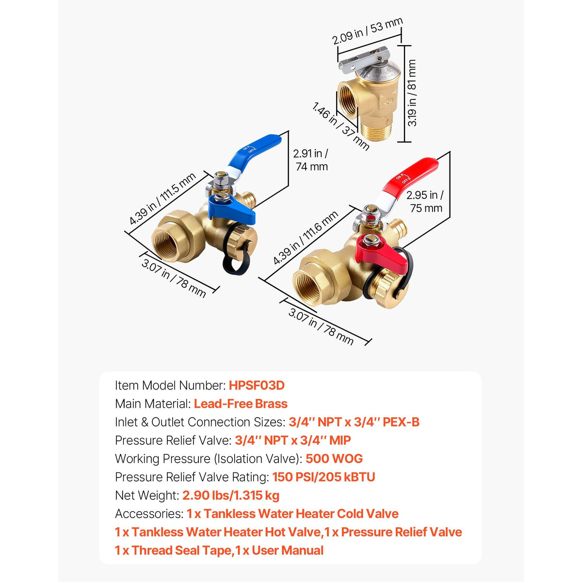 Water Heater Kit, 3/4 Inch Tankless Water Heater Service Valve Kit with 2PCS 3/4″ NPT to 3/4″ PEX-B Isolation Valves, Pressure Relief Valve, Lead-Free Brass, Fits Most Tankless Waters Heaters
