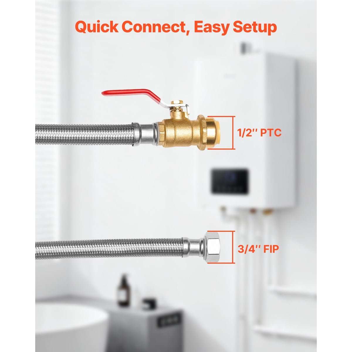 Water Heater Kit, Push-Fit Valve Flexible Water Heater Connector with 3/4" FIP x 1/2" PTC Ball Valve, Stainless Steel Braided Waters Heaters Supply Line for Bathroom, Kitchen, Laundry Room