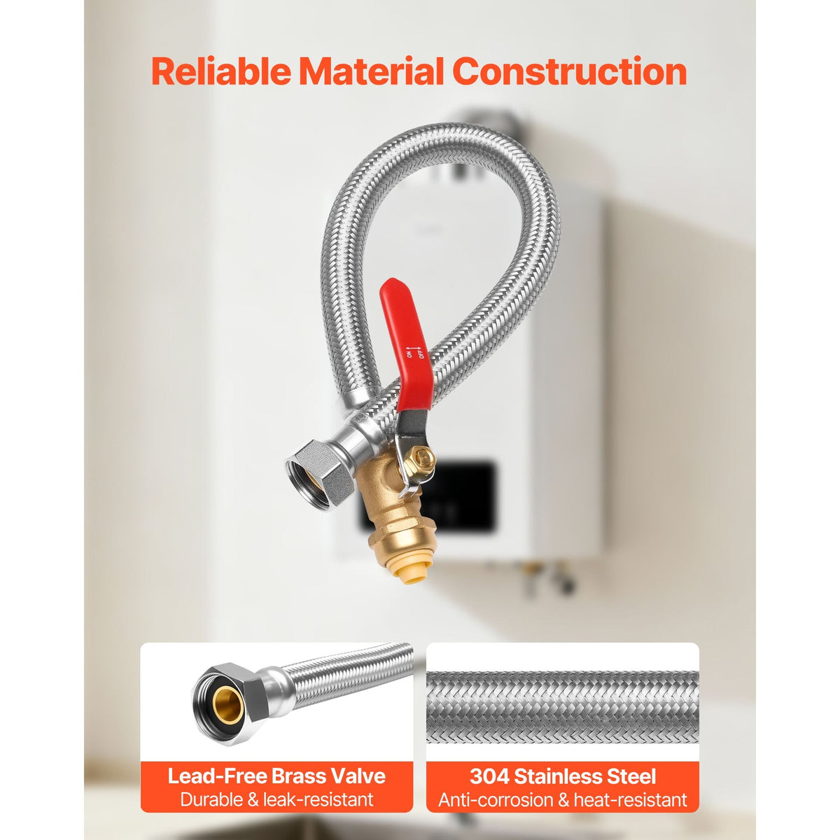 Water Heater Kit, Push-Fit Valve Flexible Water Heater Connector with 3/4" FIP x 1/2" PTC Ball Valve, Stainless Steel Braided Waters Heaters Supply Line for Bathroom, Kitchen, Laundry Room