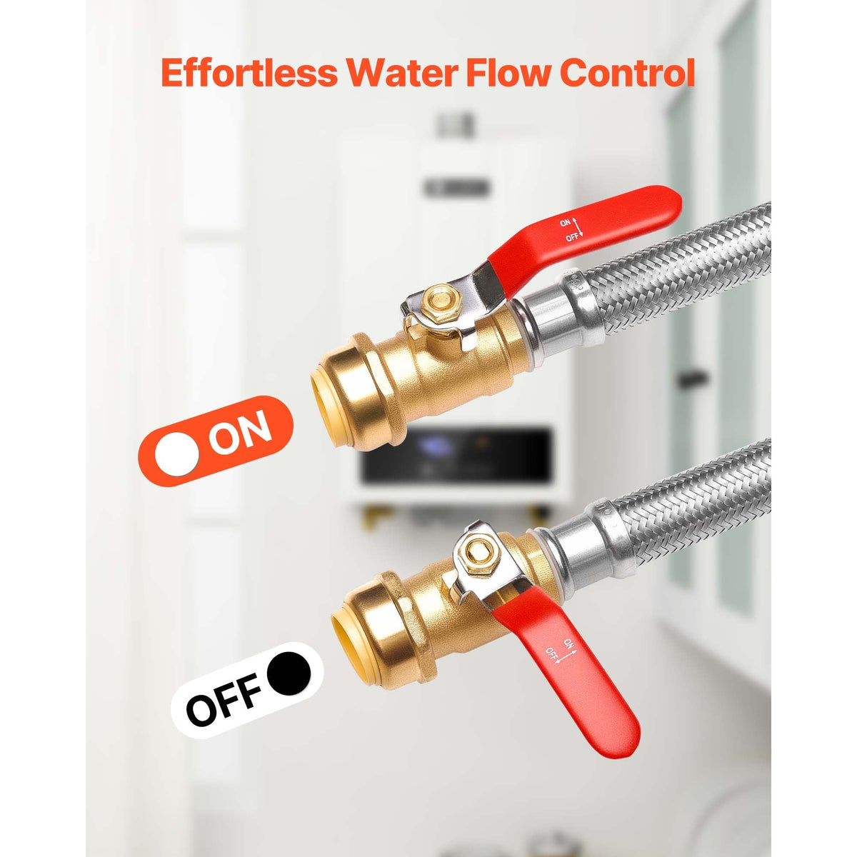 Water Heater Kit, Push-Fit Valve Flexible Water Heater Connector with 3/4" FIP x 3/4" PTC Ball Valve, Stainless Steel Braided Waters Heaters Supply Line for Bathroom, Kitchen, Laundry Room