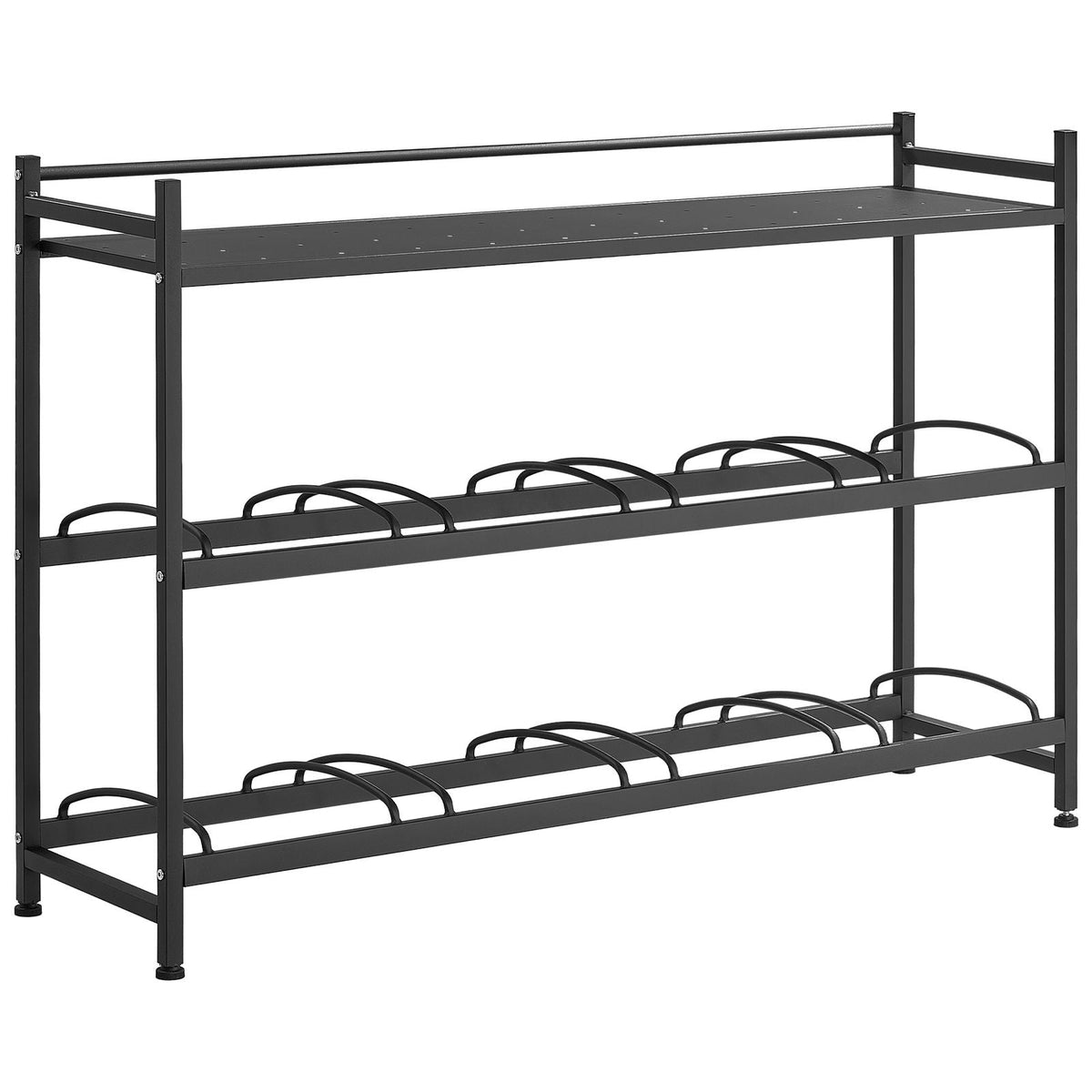 Water Jug Holder, 3 Tiers 4 Rows 3 and 5 Gallon Water Bottle Holder for 8 Bottles, Heavy Duty Jug Rack Organizer with Storage Shelf, Angled Design, for Kitchen, Office, Living Room, Black