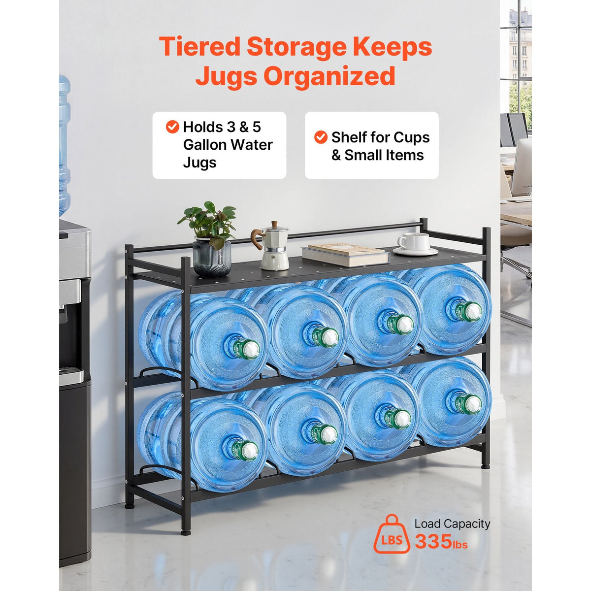 Water Jug Holder, 3 Tiers 4 Rows 3 and 5 Gallon Water Bottle Holder for 8 Bottles, Heavy Duty Jug Rack Organizer with Storage Shelf, Angled Design, for Kitchen, Office, Living Room, Black