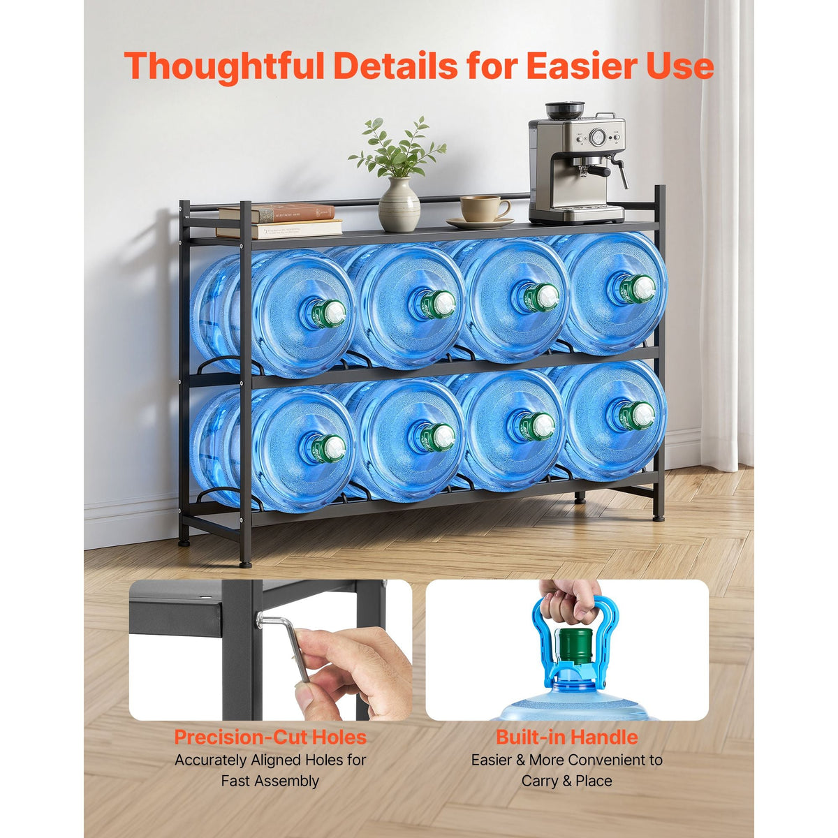 Water Jug Holder, 3 Tiers 4 Rows 3 and 5 Gallon Water Bottle Holder for 8 Bottles, Heavy Duty Jug Rack Organizer with Storage Shelf, Angled Design, for Kitchen, Office, Living Room, Black