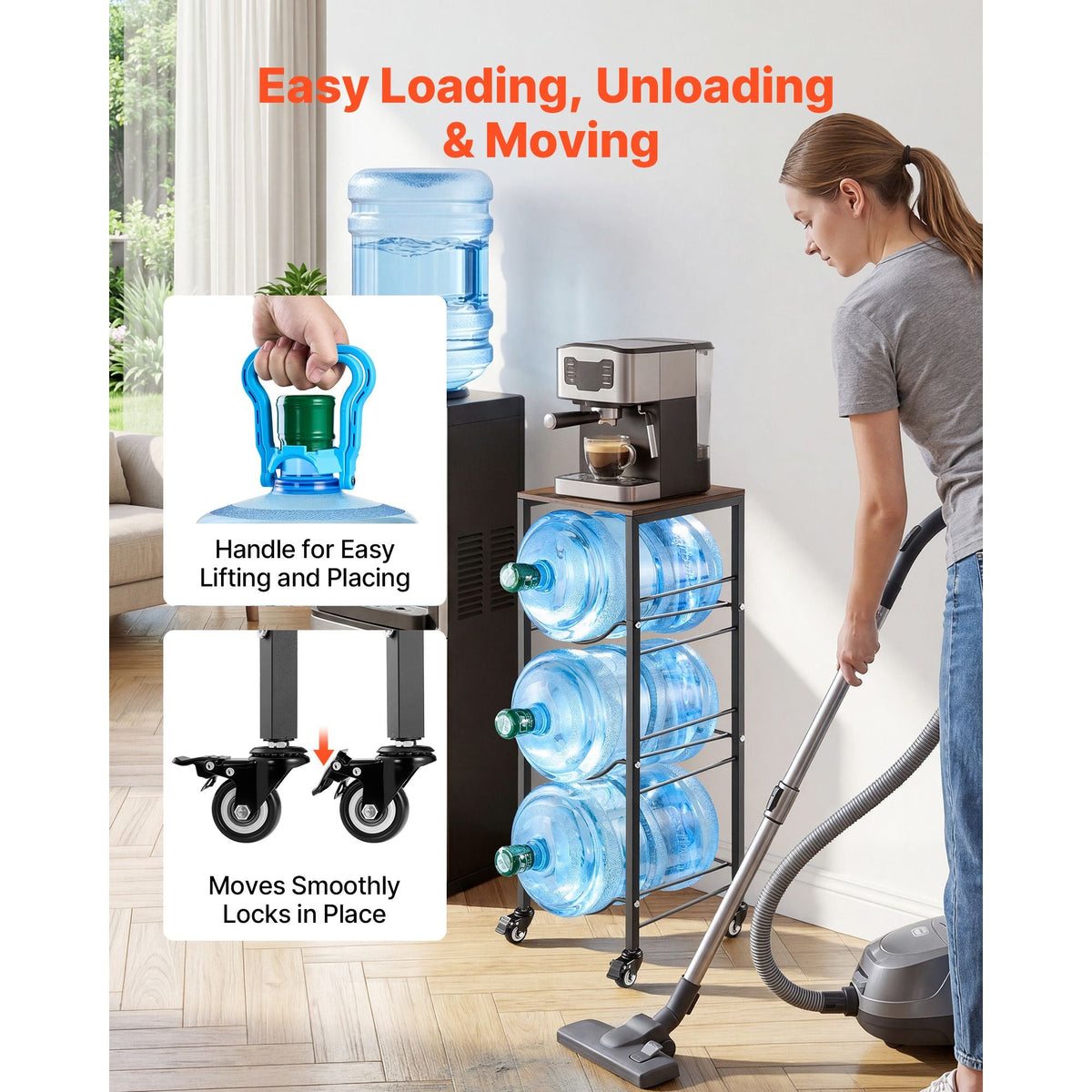Water Jug Holder, 4 Tiers 3 and 5 Gallon Water Bottle Holder for 3 Bottles, Heavy Duty Jug Rack Organizer with Storage Shelf and Casters, for Kitchen, Office, Living Room, Black and Brown