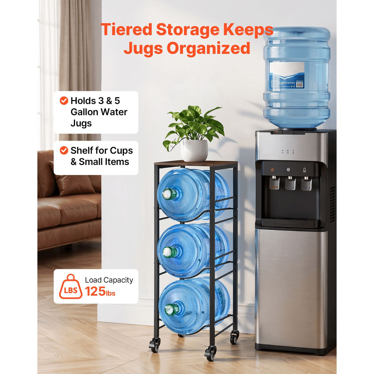 Water Jug Holder, 4 Tiers 3 and 5 Gallon Water Bottle Holder for 3 Bottles, Heavy Duty Jug Rack Organizer with Storage Shelf and Casters, for Kitchen, Office, Living Room, Black and Brown