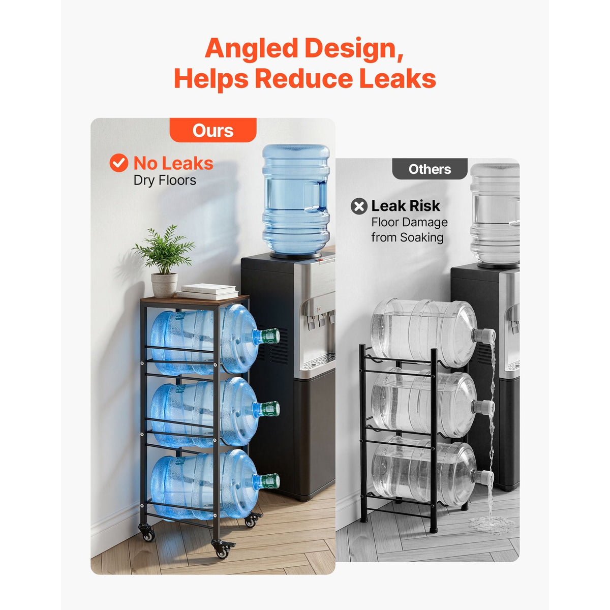 Water Jug Holder, 4 Tiers 3 and 5 Gallon Water Bottle Holder for 3 Bottles, Heavy Duty Jug Rack Organizer with Storage Shelf and Casters, for Kitchen, Office, Living Room, Black and Brown
