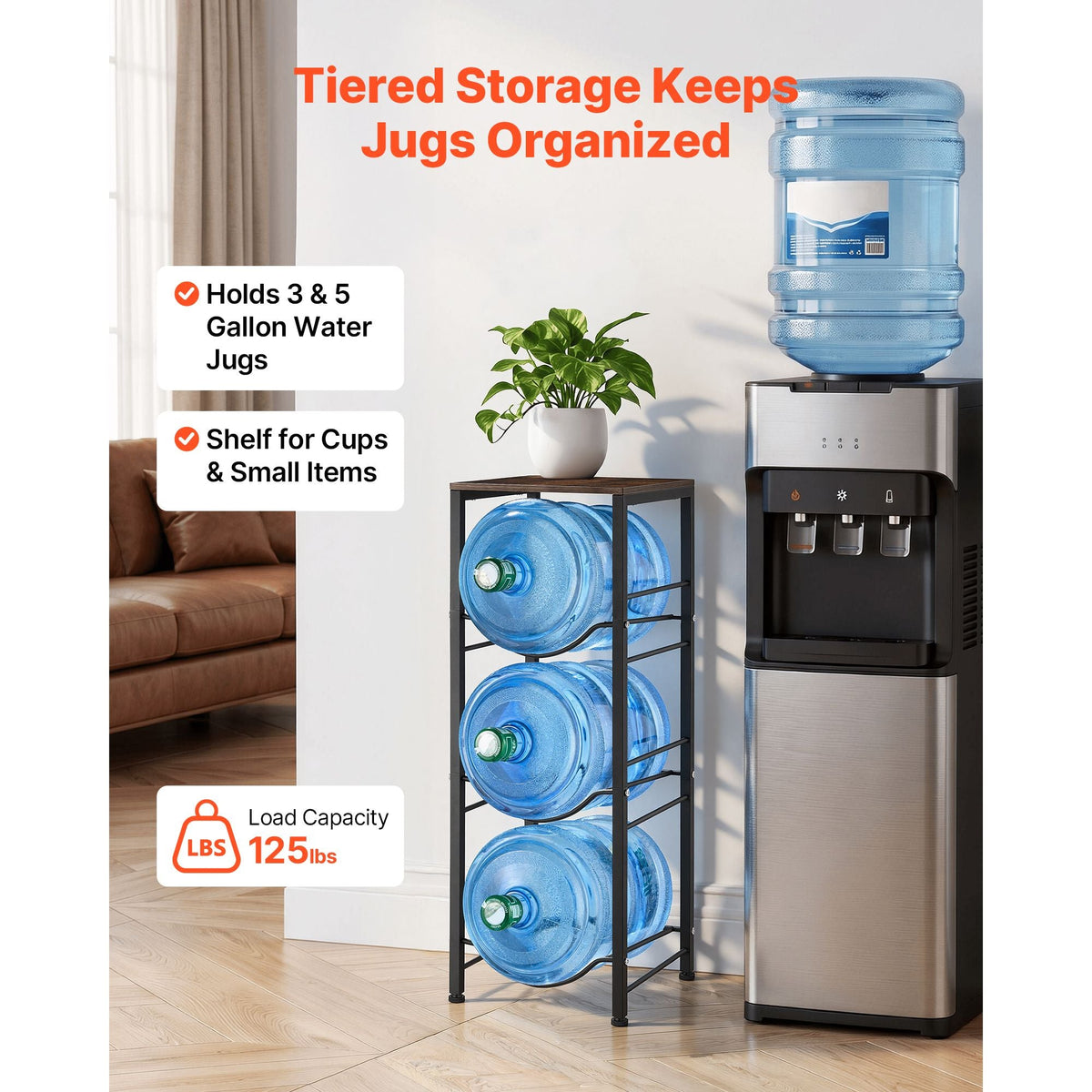 Water Jug Holder, 4 Tiers 3 and 5 Gallon Water Bottle Holder for 3 Bottles, Heavy Duty Jug Rack Organizer with Storage Shelf, Detachable for Kitchen, Office, Living Room, Black and Brown