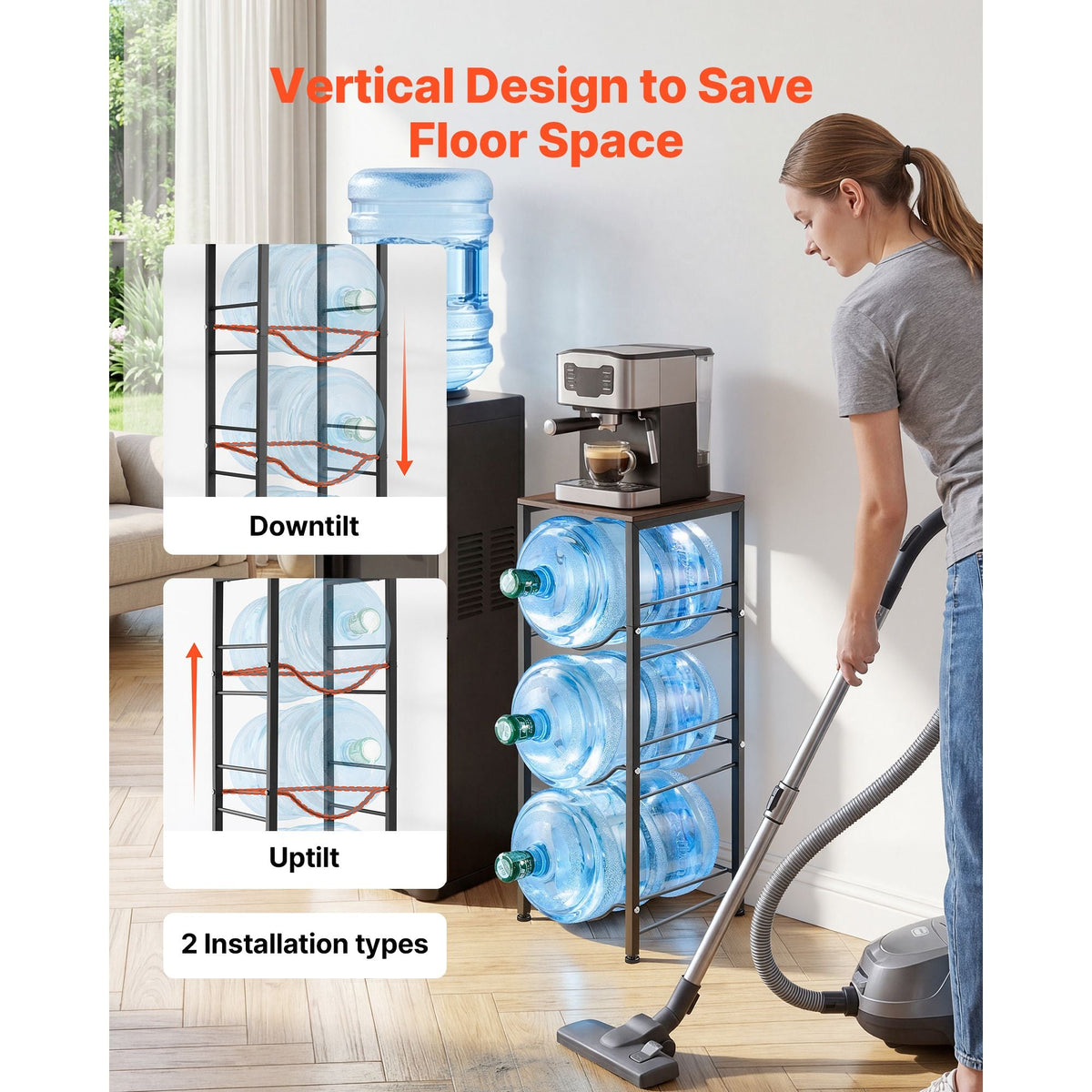 Water Jug Holder, 4 Tiers 3 and 5 Gallon Water Bottle Holder for 3 Bottles, Heavy Duty Jug Rack Organizer with Storage Shelf, Detachable for Kitchen, Office, Living Room, Black and Brown