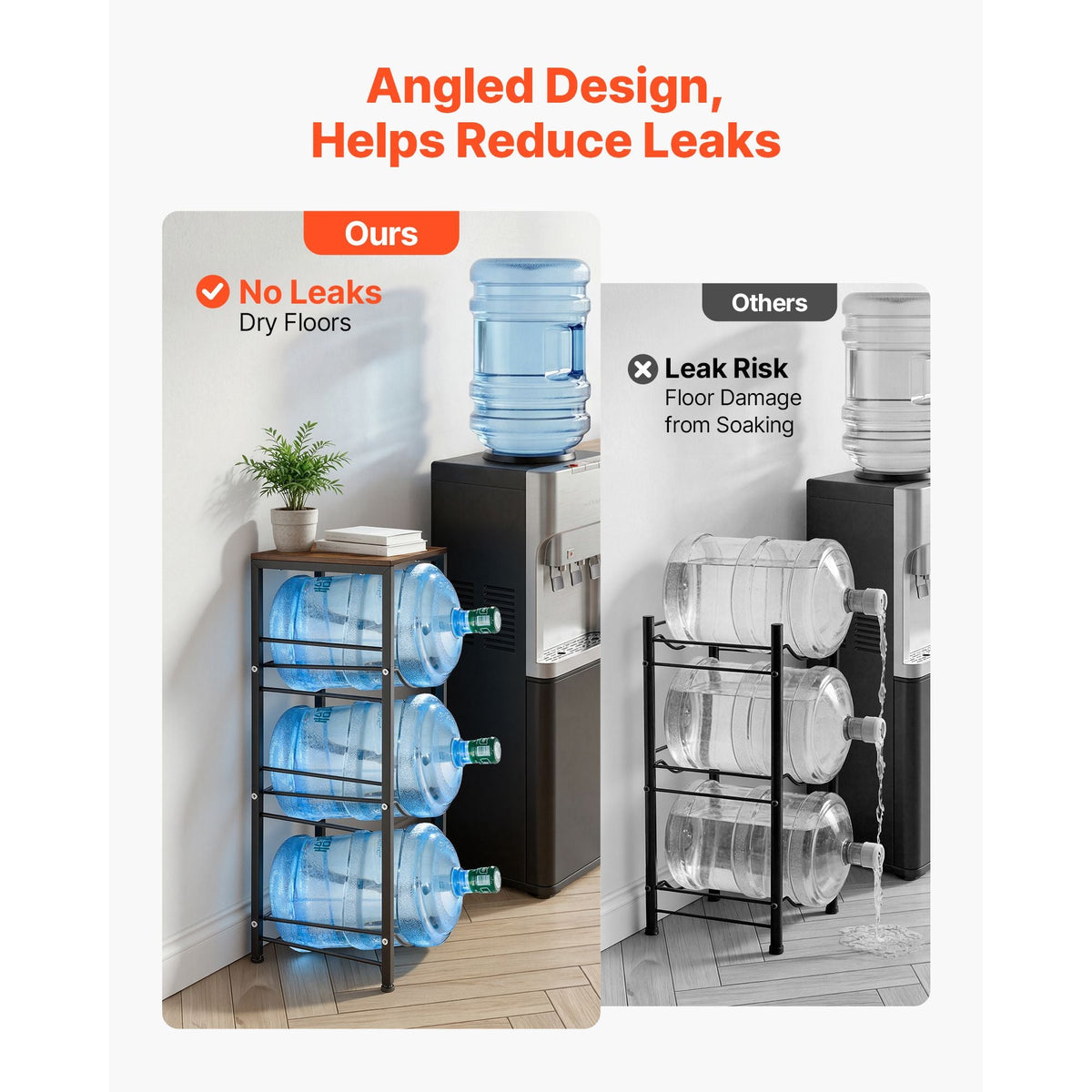 Water Jug Holder, 4 Tiers 3 and 5 Gallon Water Bottle Holder for 3 Bottles, Heavy Duty Jug Rack Organizer with Storage Shelf, Detachable for Kitchen, Office, Living Room, Black and Brown