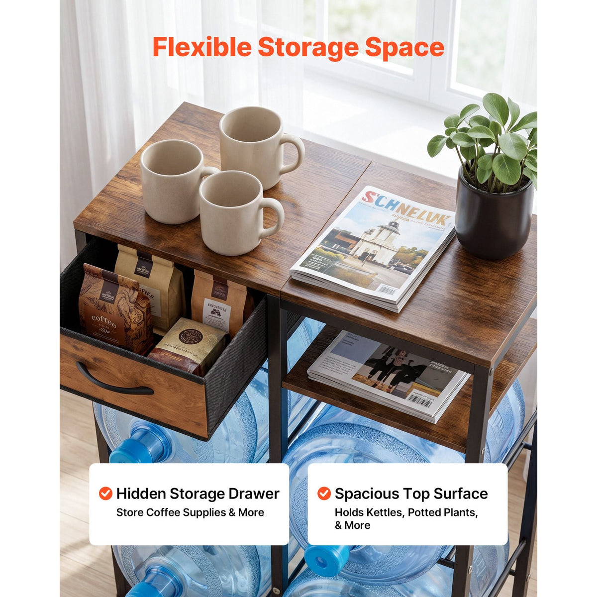 Water Jug Holder, 4 Tiers Double Rows 3 and 5 Gallon Water Bottle Holder for 4 Bottles, Heavy Duty Jug Rack Organizer with Storage Shelf and Drawer, for Kitchen, Living Room, Black and Brown