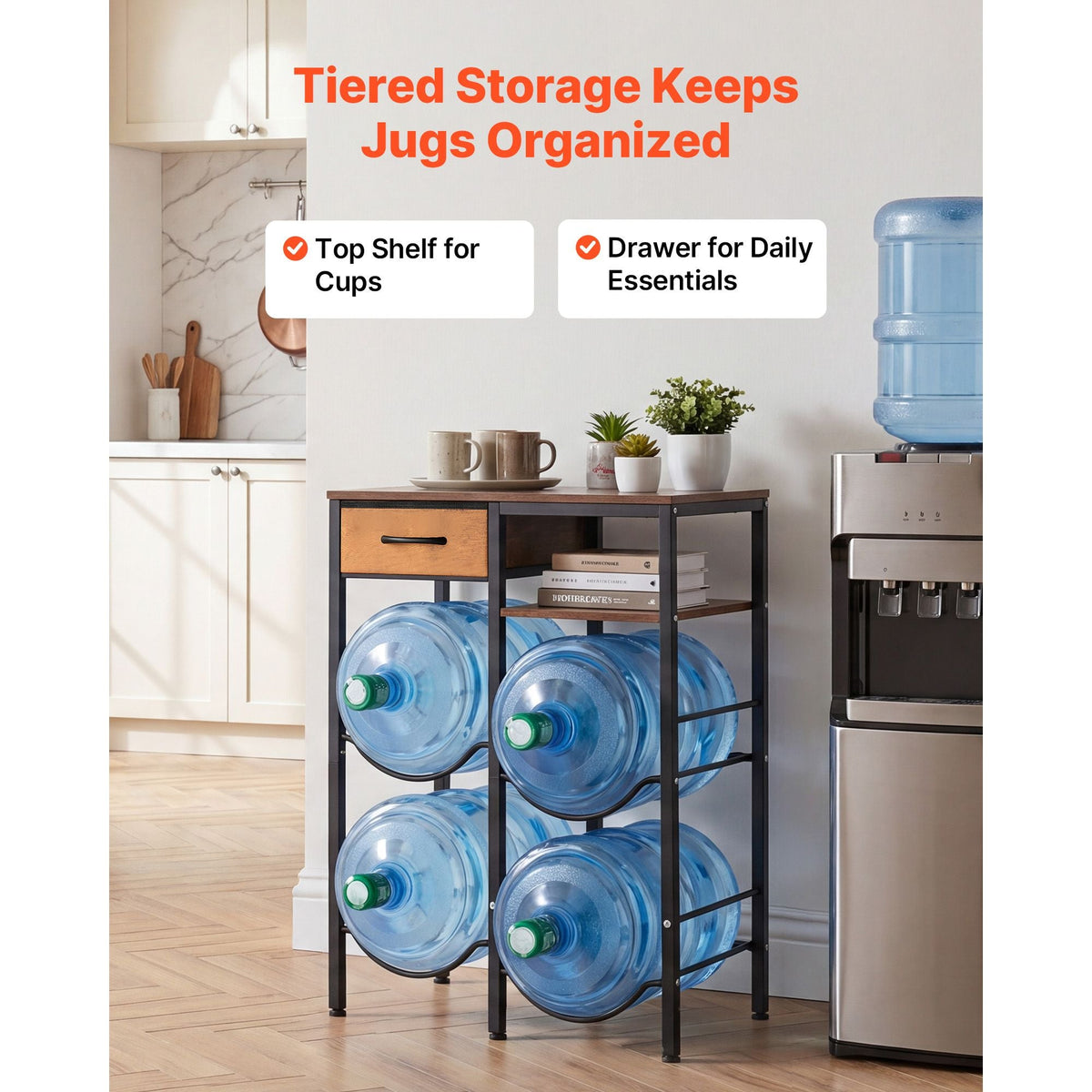 Water Jug Holder, 4 Tiers Double Rows 3 and 5 Gallon Water Bottle Holder for 4 Bottles, Heavy Duty Jug Rack Organizer with Storage Shelf and Drawer, for Kitchen, Living Room, Black and Brown