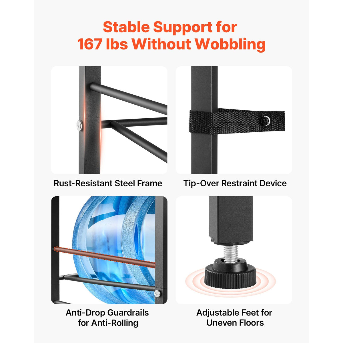 Water Jug Holder, 5 Tiers 3 and 5 Gallon Water Bottle Holder for 4 Bottles, Heavy Duty Jug Rack Organizer with Storage Shelf, Adjustable Feet, and Handle, for Kitchen, Office, Living Room, Black