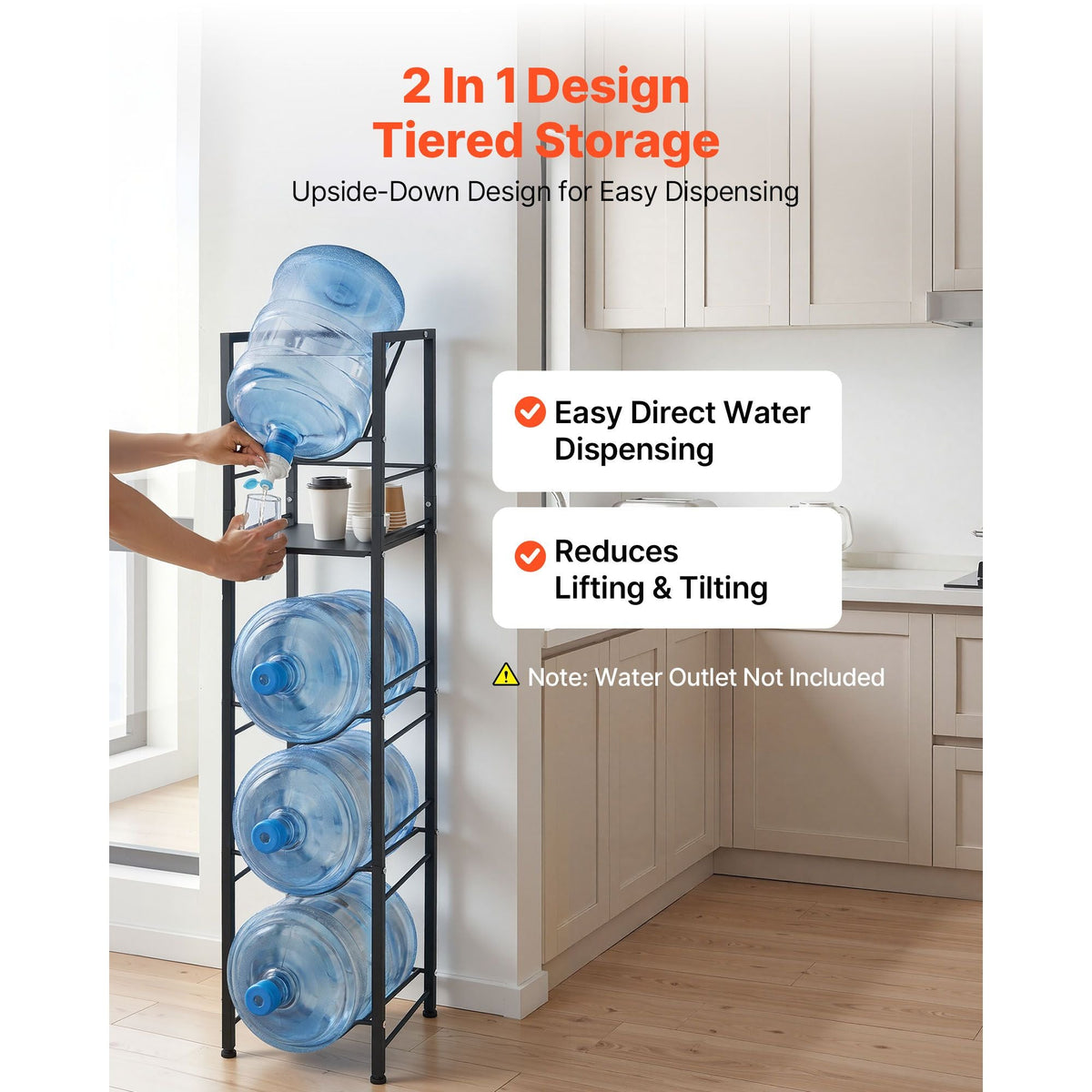 Water Jug Holder, 5 Tiers 3 and 5 Gallon Water Bottle Holder for 4 Bottles, Heavy Duty Jug Rack Organizer with Storage Shelf, Adjustable Feet, and Handle, for Kitchen, Office, Living Room, Black