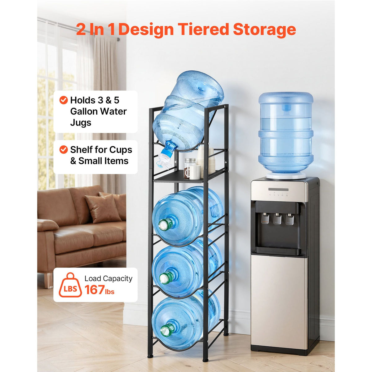 Water Jug Holder, 5 Tiers 3 and 5 Gallon Water Bottle Holder for 4 Bottles, Heavy Duty Jug Rack Organizer with Storage Shelf, Adjustable Feet, and Handle, for Kitchen, Office, Living Room, Black