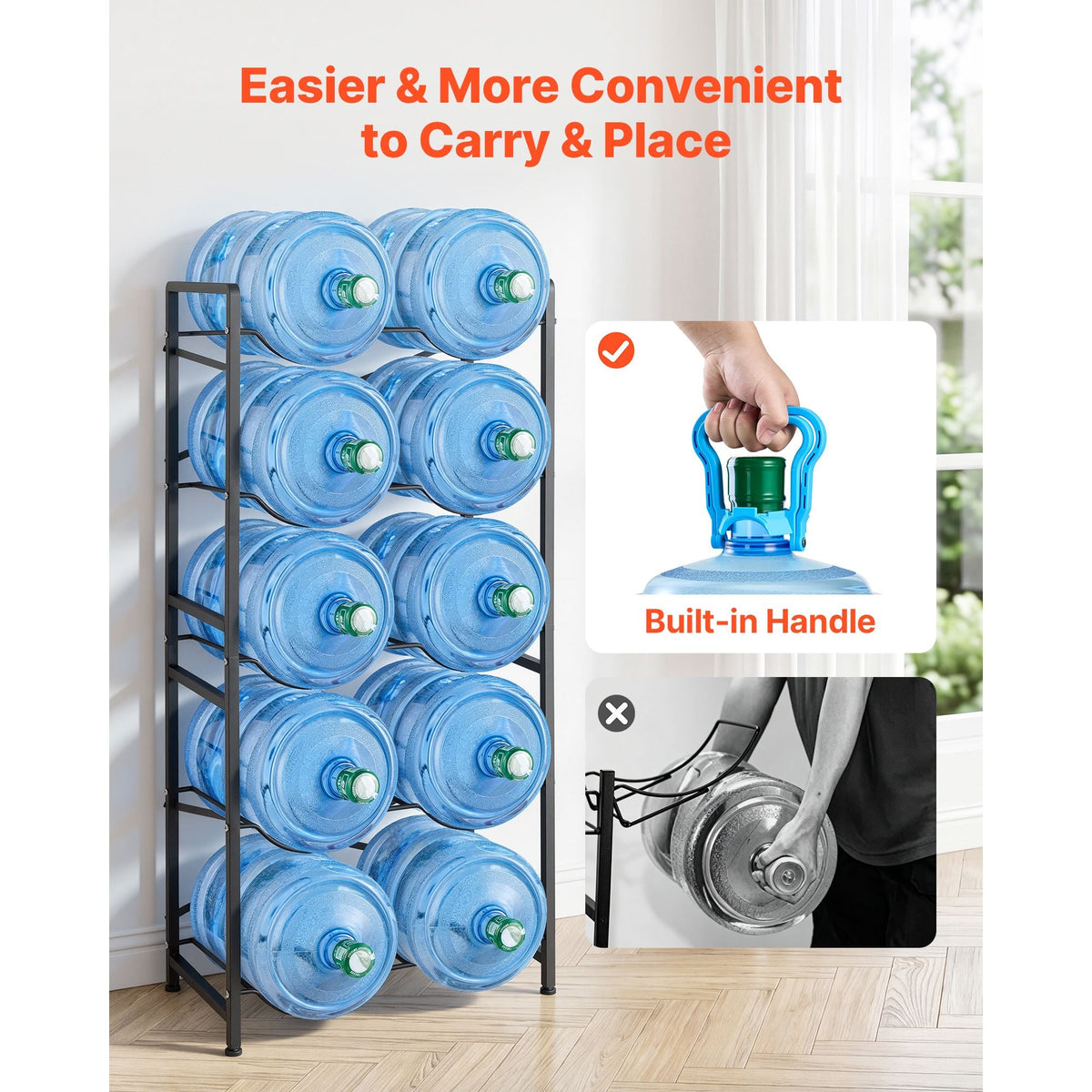 Water Jug Holder, 5 Tiers Double Rows 3 and 5 Gallon Water Bottle Holder for 10 Bottles, Heavy Duty Jug Rack Organizer with Handles, Easy Assembly, for Kitchen, Office, Living Room, Black