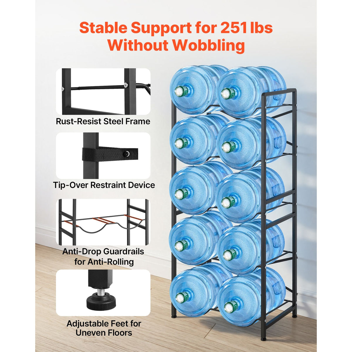 Water Jug Holder, 5 Tiers Double Rows 3 and 5 Gallon Water Bottle Holder for 10 Bottles, Heavy Duty Jug Rack Organizer with Handles, Easy Assembly, for Kitchen, Office, Living Room, Black