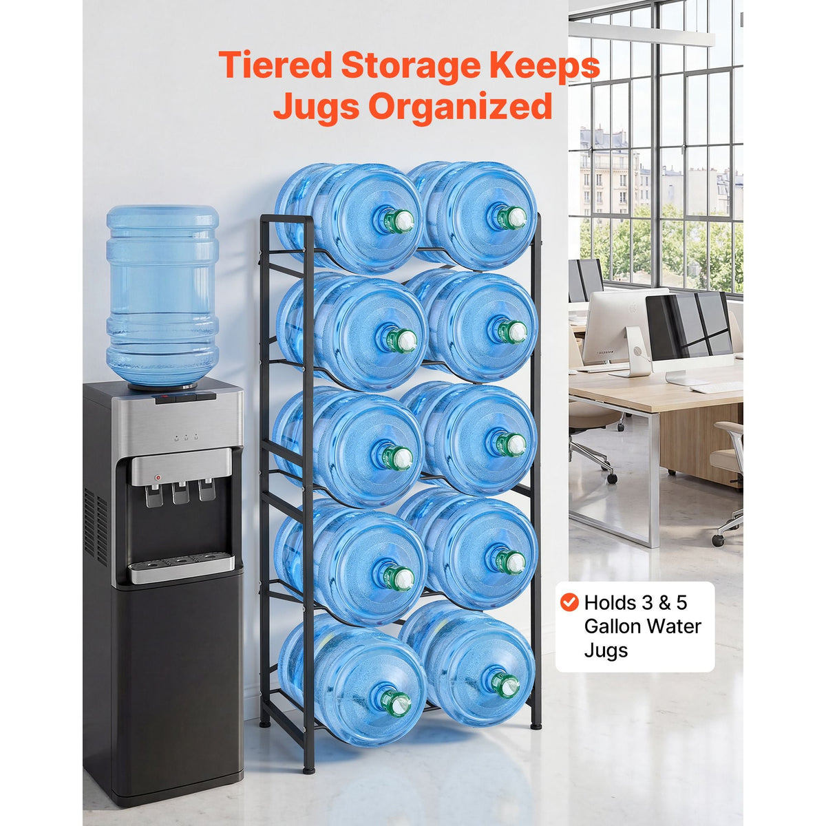Water Jug Holder, 5 Tiers Double Rows 3 and 5 Gallon Water Bottle Holder for 10 Bottles, Heavy Duty Jug Rack Organizer with Handles, Easy Assembly, for Kitchen, Office, Living Room, Black