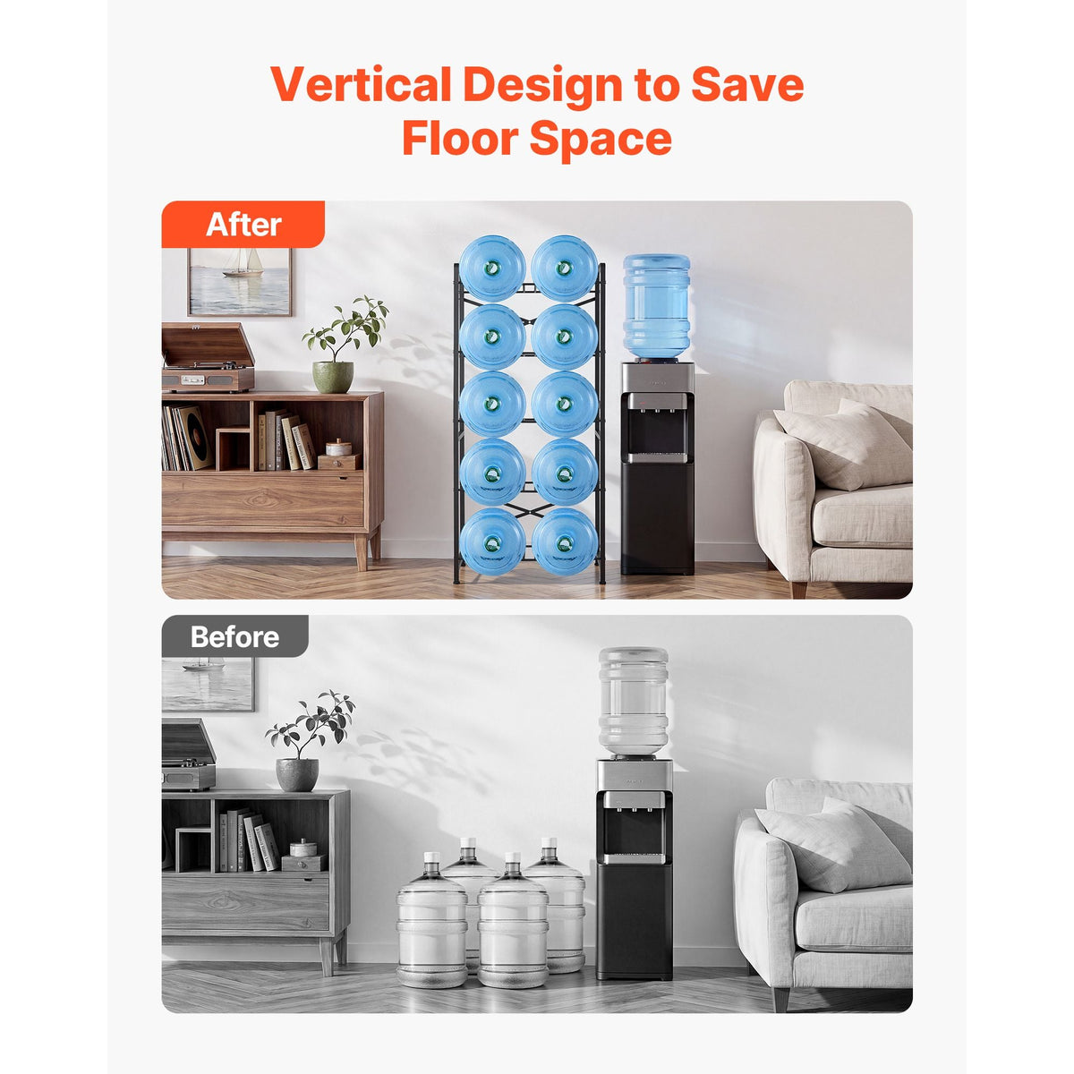 Water Jug Holder, 5 Tiers Double Rows 3 and 5 Gallon Water Bottle Holder for 10 Bottles, Heavy Duty Jug Rack Organizer with Handles, Easy Assembly, for Kitchen, Office, Living Room, Black