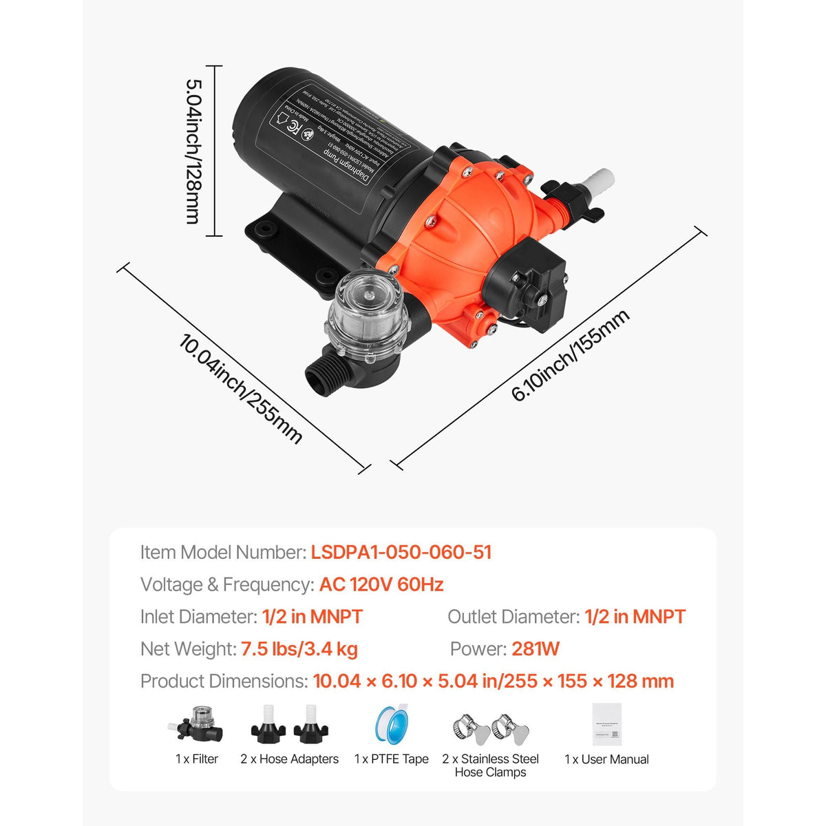 Water Pressure Pump, 110V AC 5 GPM, 5-Chamber On Demand Electric Diaphragm Water Transfer Pump, 60 PSI Max Pressure, Automatic Pressure Switch, for Home Kitchen Garden Irrigation Car Washing