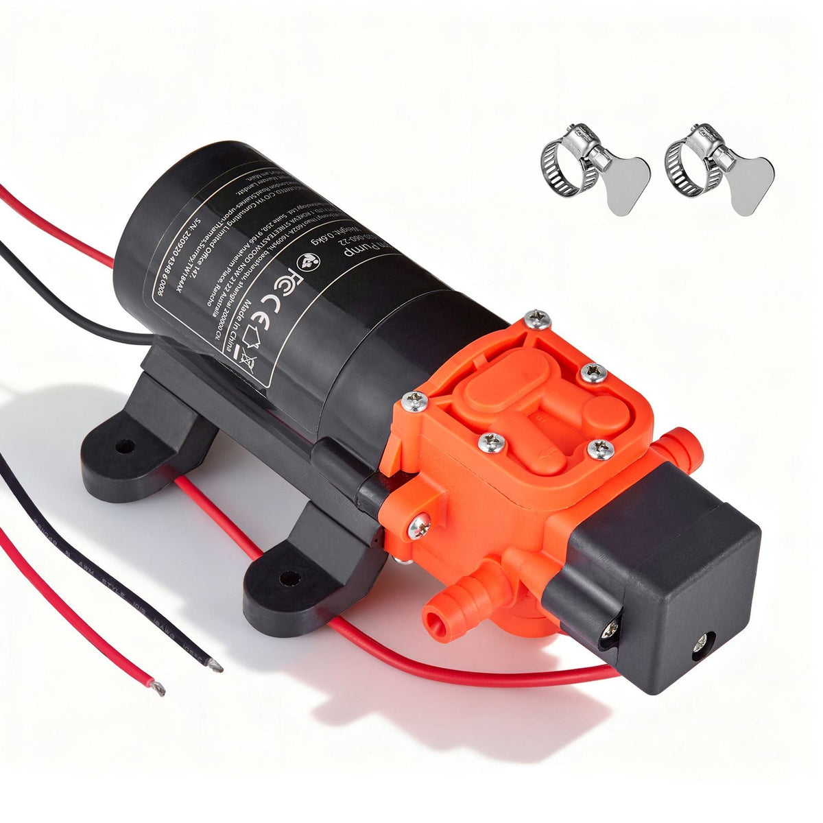 Water Pressure Pump, 12V DC 1.2 GPM (4.5 L/min), 2-Chamber Self-Priming Diaphragm Water Pump with 2 Hose Clamps, 80 PSI Max Pressure, Quiet Operation, for RV, Caravan, Marine, Garden Irrigation