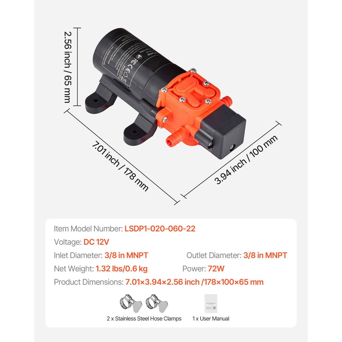 Water Pressure Pump, 12V DC 1.2 GPM (4.5 L/min), 2-Chamber Self-Priming Diaphragm Water Pump with 2 Hose Clamps, 80 PSI Max Pressure, Quiet Operation, for RV, Caravan, Marine, Garden Irrigation