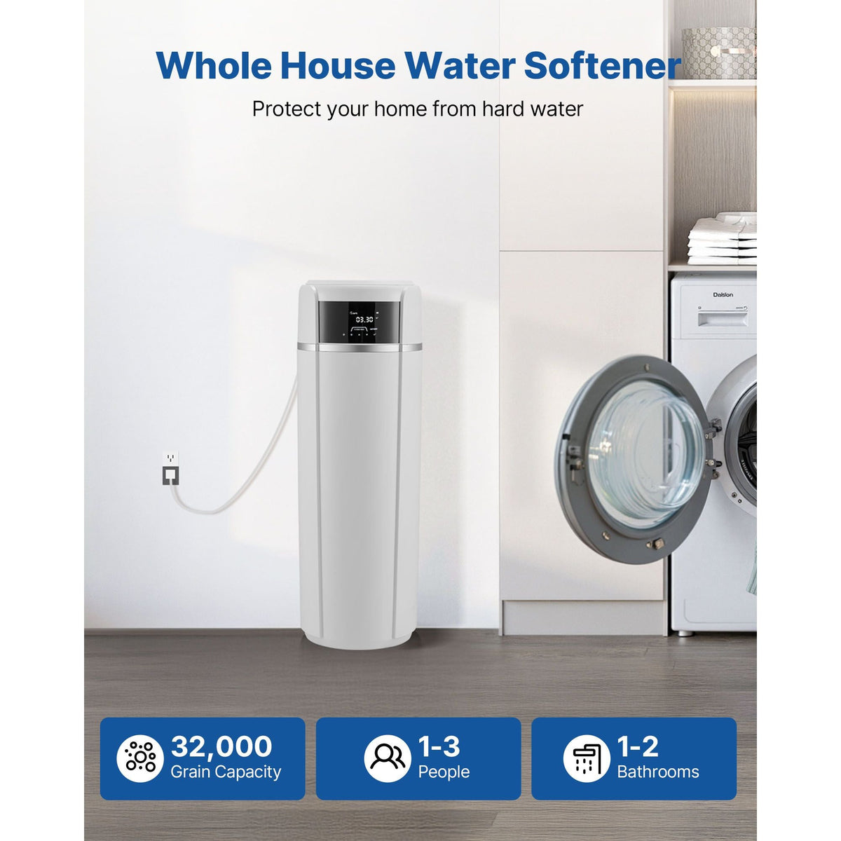 Water Softener, 32,000 Grains Whole House Water Softener System, with Automatic Touch Control Panel, Bypass Valve, Reduce Hardness and Minerals, Improve Water Quality, for 1-2 Bathrooms