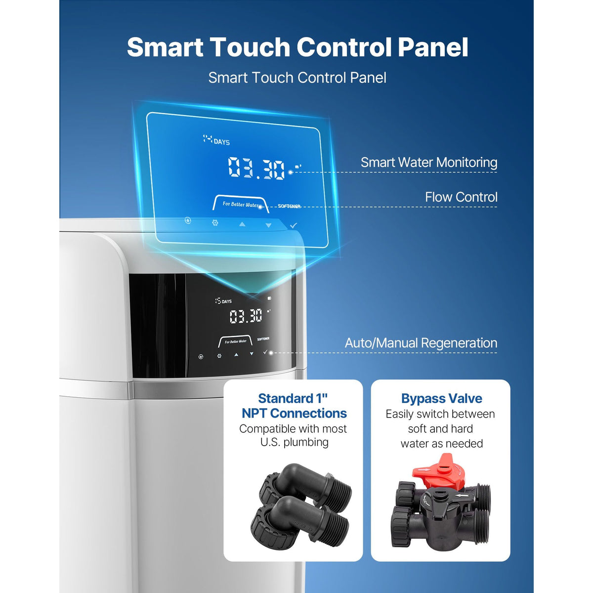 Water Softener, 40,000 Grains Whole House Water Softener System, with Automatic Touch Control Panel, Bypass Valve, Reduce Hardness and Minerals, Improve Water Quality, for 2-3 Bathrooms