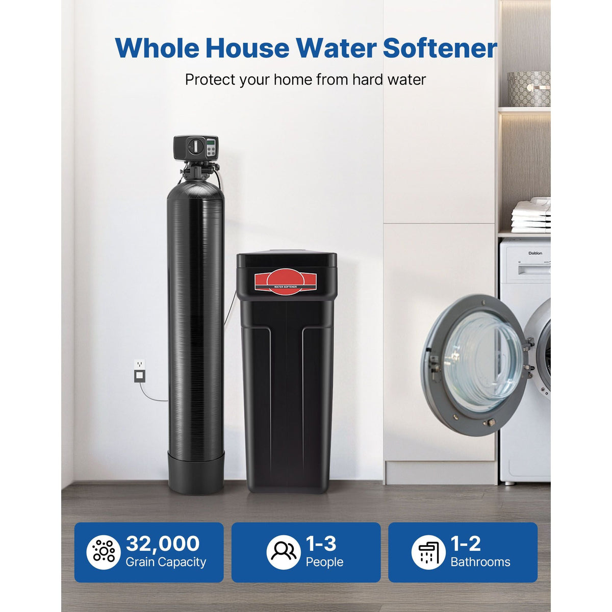 Water Softener, 64,000 Grains Whole House Water Softener System, with Automatic Digital Control Head, Bypass Valve, Reduce Hardness and Minerals, Improve Water Quality, for 5-6 Bathrooms