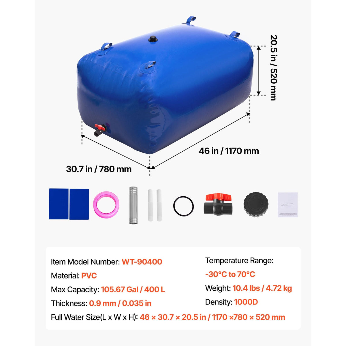 Water Storage Bladder, 105.7 Gallon (400L) Water Storage Container Tank, 1000D PVC Large Capacity Soft Bag Bladder, Foldable Portable for Garden Irrigation, Camping, RV, Fire Prevention - Blue