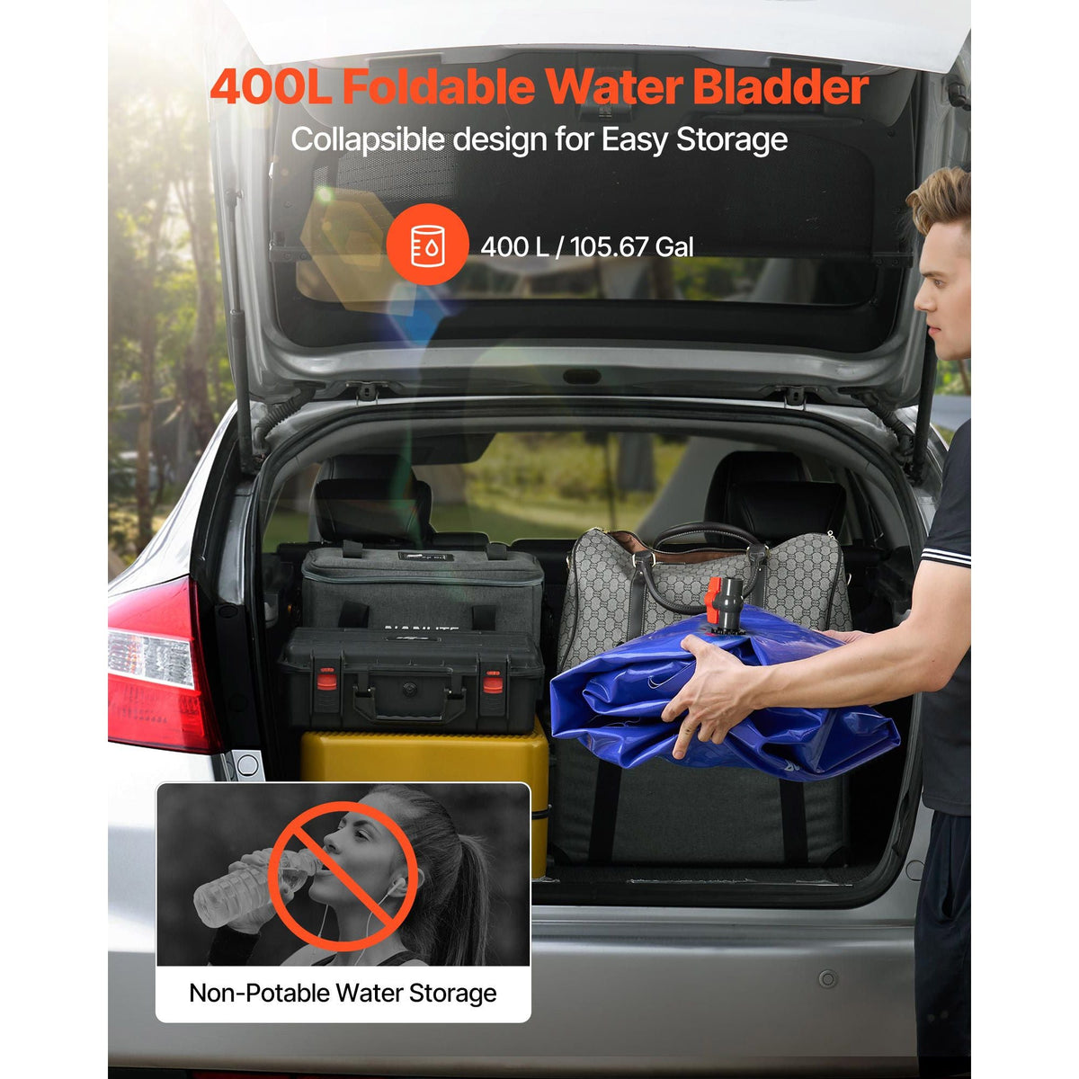 Water Storage Bladder, 105.7 Gallon (400L) Water Storage Container Tank, 1000D PVC Large Capacity Soft Bag Bladder, Foldable Portable for Garden Irrigation, Camping, RV, Fire Prevention - Blue