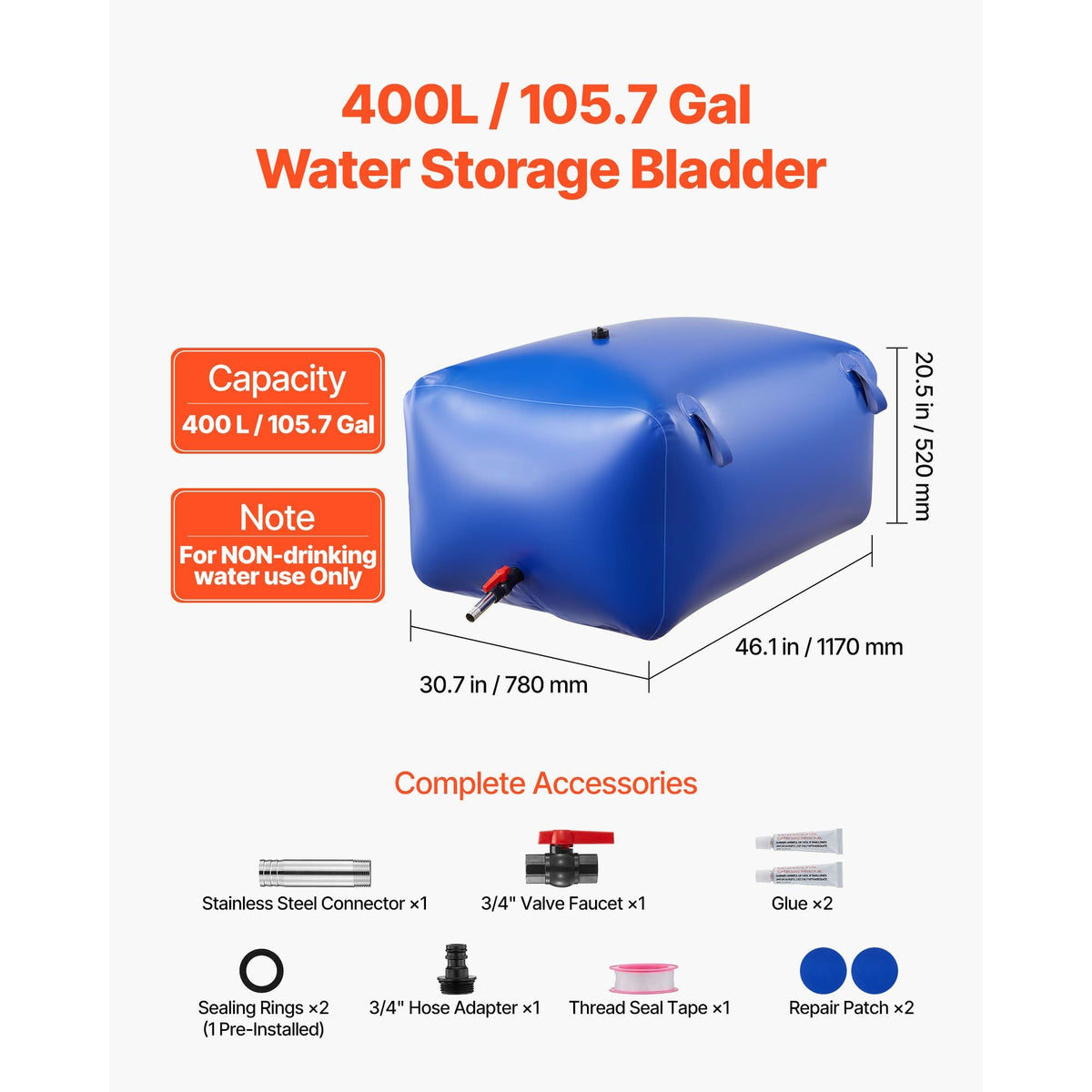 Water Storage Bladder 105.7 Gallon Large Capacity Water Bag, Portable & Collapsible Soft Waters Container, Leakproof & Tear-Resistant PVC Emergency Waters Storage Tank for RV Truck & Outdoor Use