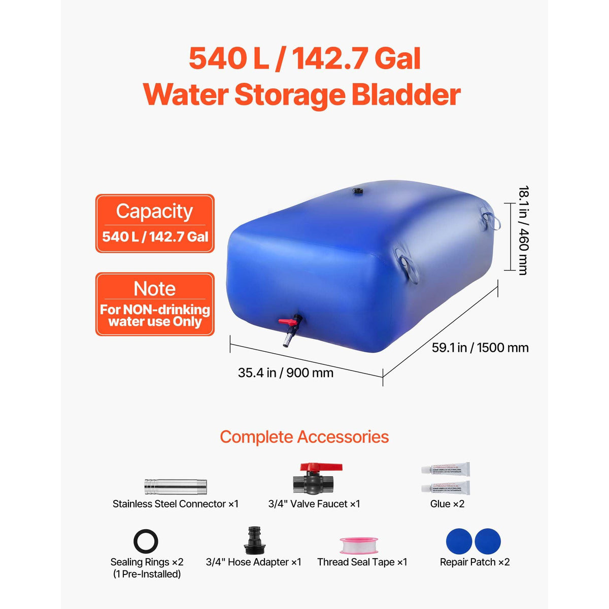 Water Storage Bladder, 142.7 Gal Collapsible Water Storage Bag, Wear-Resistant 1000D PVC Soft Waters Bag, Leakproof Camping Tank Containers for Garden Irrigation RV Emergency Use, Blue