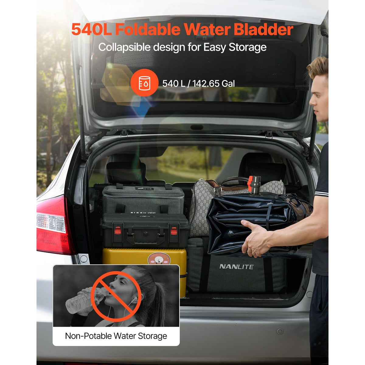 Water Storage Bladder, 142.7 Gallon (540L) Water Storage Container Tank, 1000D PVC Large Capacity Soft Bag Bladder, Collapsible Portable for Garden Irrigation, Camping, RV, Emergency Use - Black