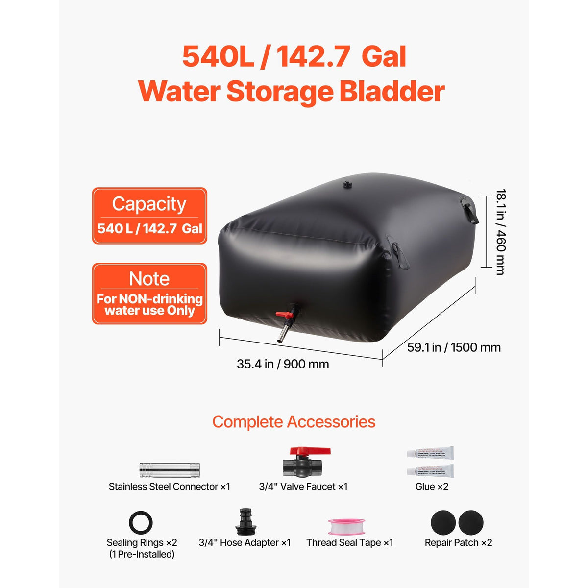 Water Storage Bladder 142.7 Gallon Large Capacity Water Bag, Portable & Collapsible Soft Waters Container, Leakproof & Tear-Resistant PVC Emergency Waters Storage Tank for RV Truck & Outdoor Use