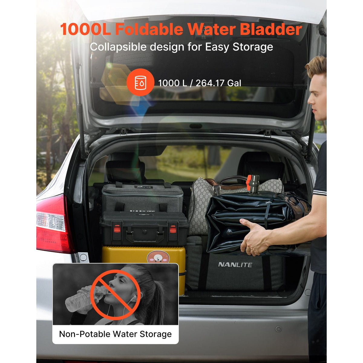 Water Storage Bladder, 264 Gallon (1000L) Water Storage Container Tank, 1000D PVC Large Capacity Soft Bag Bladder, Collapsible Portable for Garden Irrigation, Camping, RV, Emergency Use - Black