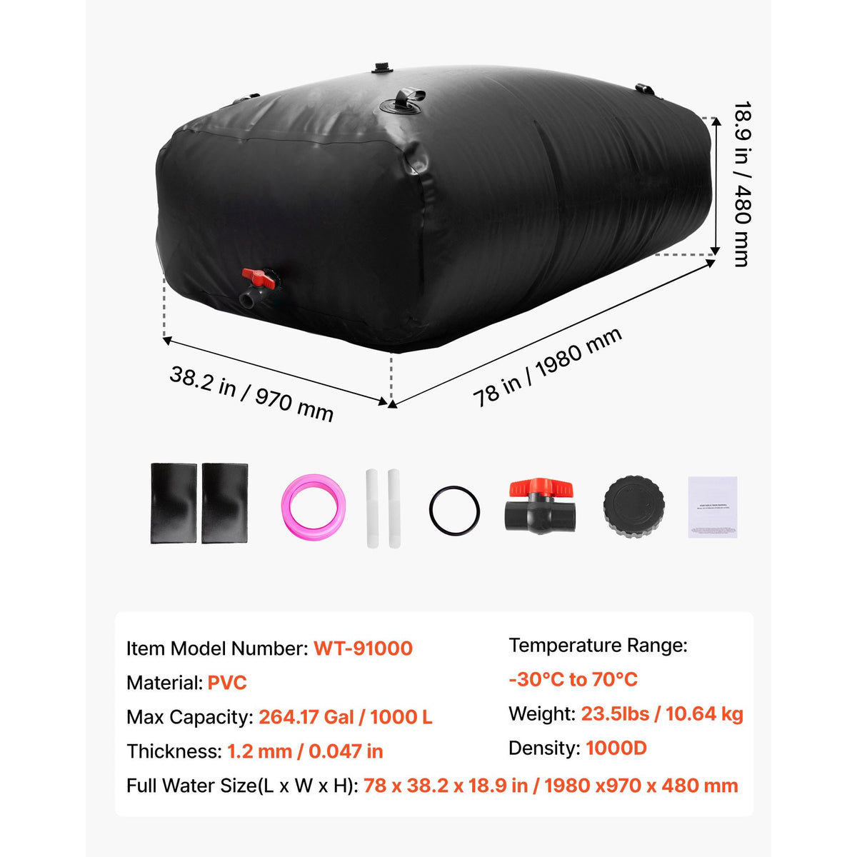 Water Storage Bladder, 264 Gallon (1000L) Water Storage Container Tank, 1000D PVC Large Capacity Soft Bag Bladder, Collapsible Portable for Garden Irrigation, Camping, RV, Emergency Use - Black