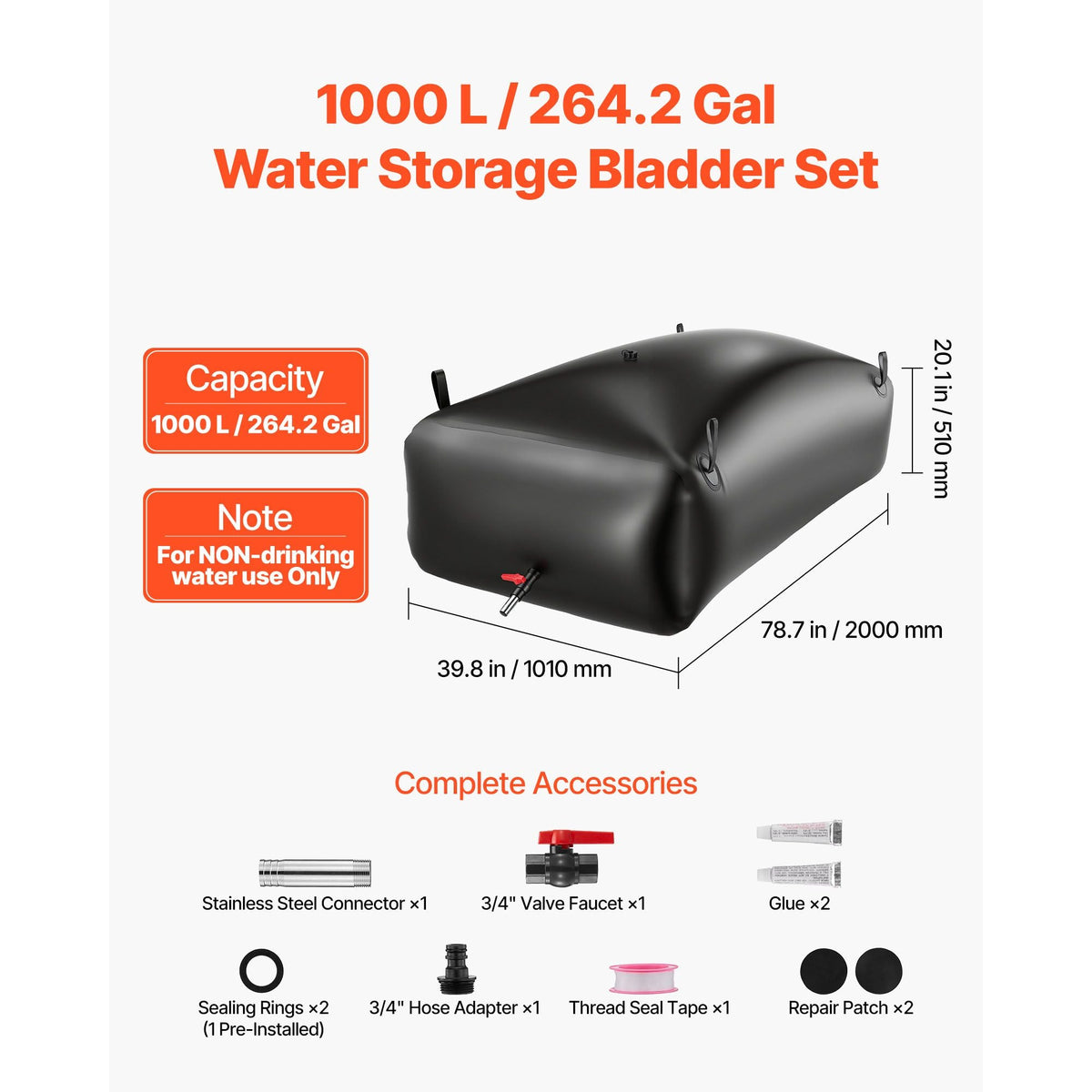 Water Storage Bladder, 264.2 Gal Collapsible Water Storage Bag, Wear-Resistant 1000D PVC Soft Waters Bag, Leakproof Camping Tank Containers for Garden Irrigation RV Emergency Use, Black