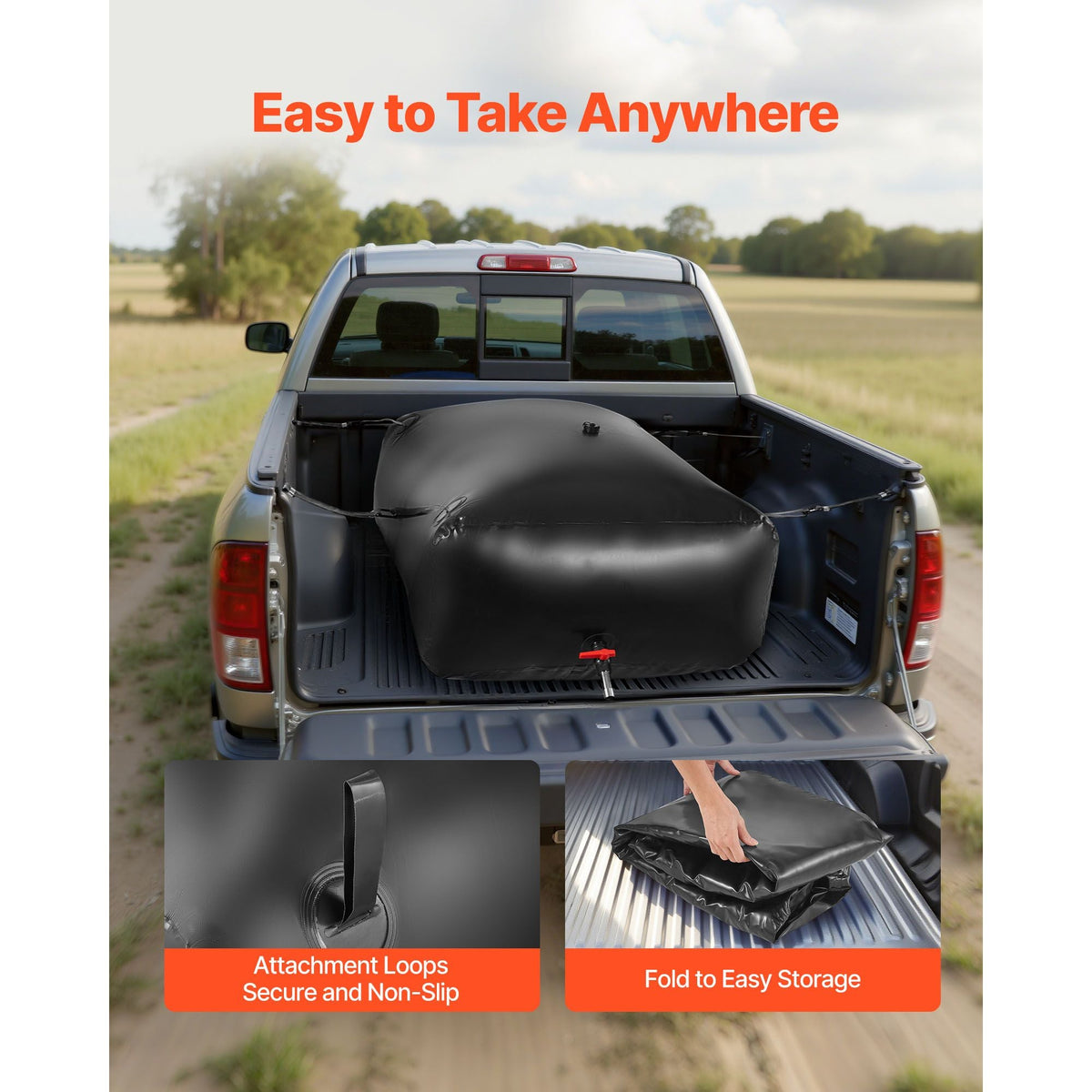 Water Storage Bladder, 264.2 Gal Collapsible Water Storage Bag, Wear-Resistant 1000D PVC Soft Waters Bag, Leakproof Camping Tank Containers for Garden Irrigation RV Emergency Use, Black