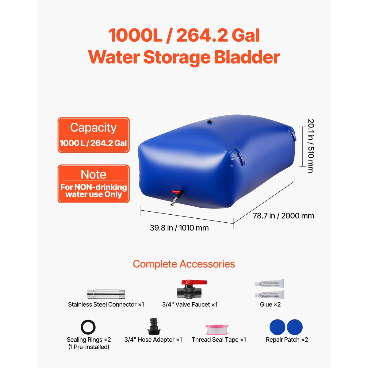 Water Storage Bladder 264.2 Gallon Large Capacity Water Bag, Portable & Collapsible Soft Waters Container, Leakproof & Tear-Resistant PVC Emergency Waters Storage Tank for RV Truck & Outdoor Use