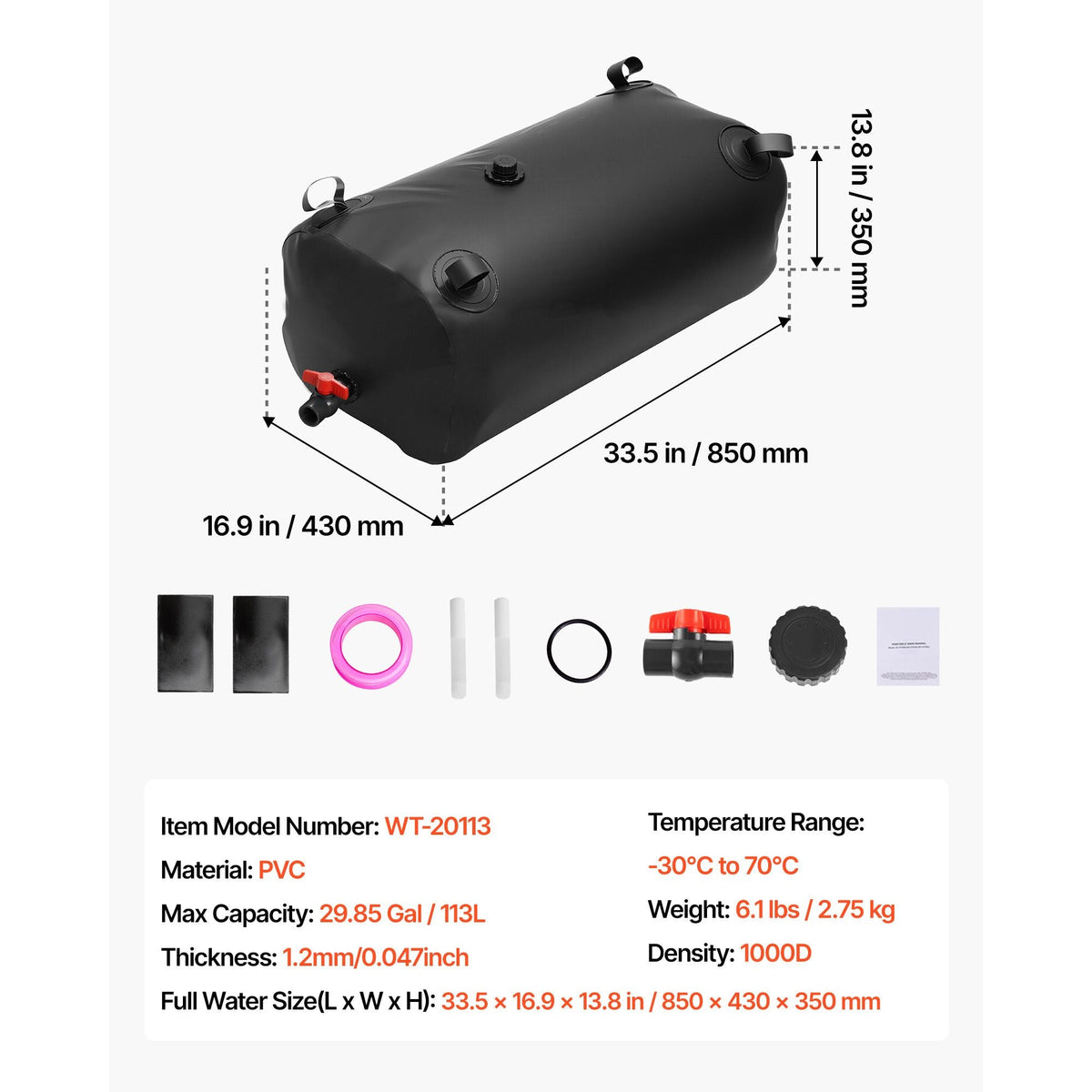 Water Storage Bladder, 29.85 Gallon (113L) Water Storage Container Tank, 1000D PVC Thickened Soft Bag Bladder, Collapsible Portable for Garden Irrigation, Camping, RVs, Emergency Use - Black