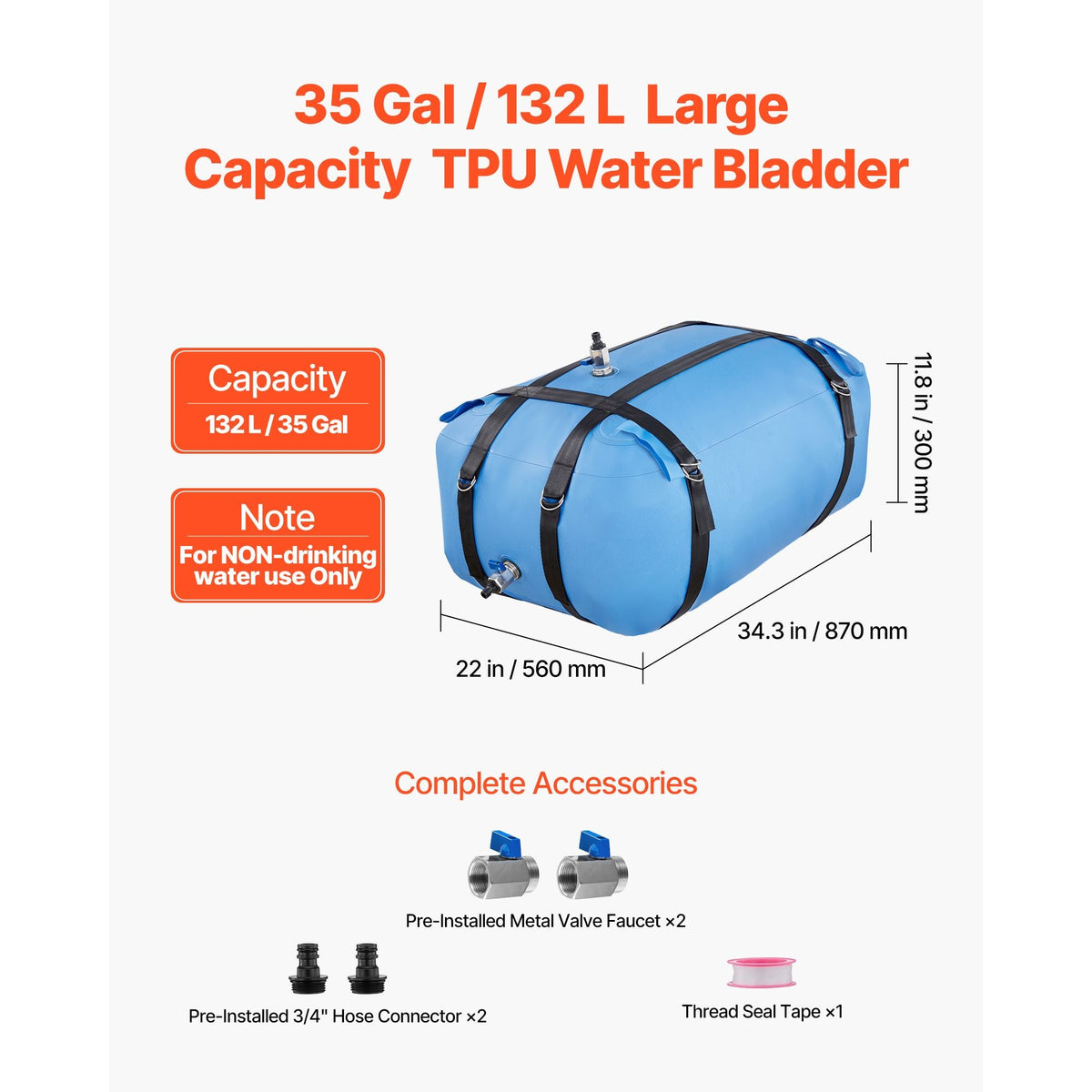 Water Storage Bladder, 35 Gallon Large Capacity TPU Soft Water Bag, Portable & Collapsible Water Storage Containers, Leakproof & Wear-Resistant RV Waters Tank for Camping Irrigation Outdoor Use