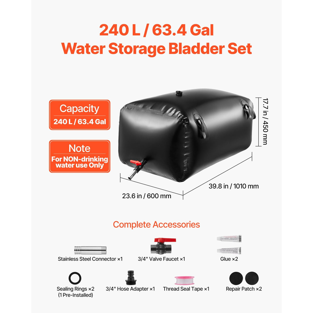 Water Storage Bladder, 63.4 Gal Collapsible Water Storage Bag, Wear-Resistant 1000D PVC Soft Waters Bag, Leakproof Camping Tank Containers for Garden Irrigation RV Emergency Use, Black