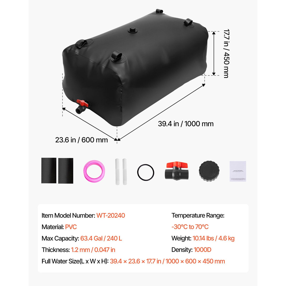 Water Storage Bladder, 63.4 Gallon (240L) Water Storage Container Tank, 1000D PVC Large Capacity Soft Bag Bladder, Collapsible Portable for Garden Irrigation, Camping, RVs, Emergency Use - Black