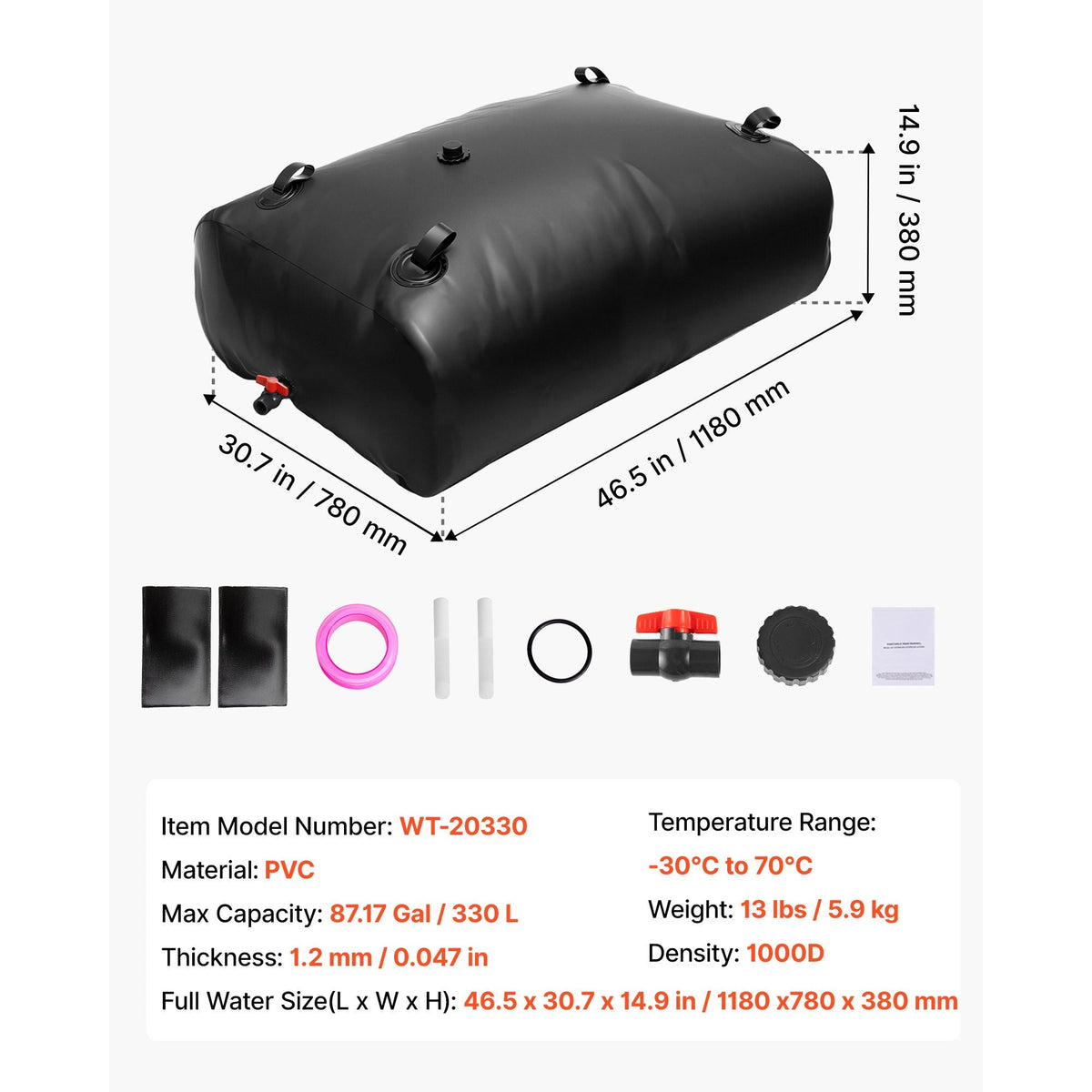 Water Storage Bladder, 87 Gallon (330L) Water Storage Container Tank, 1000D PVC Large Capacity Soft Bag Bladder, Collapsible Portable for Garden Irrigation, Camping, RVs, Emergency Use - Black