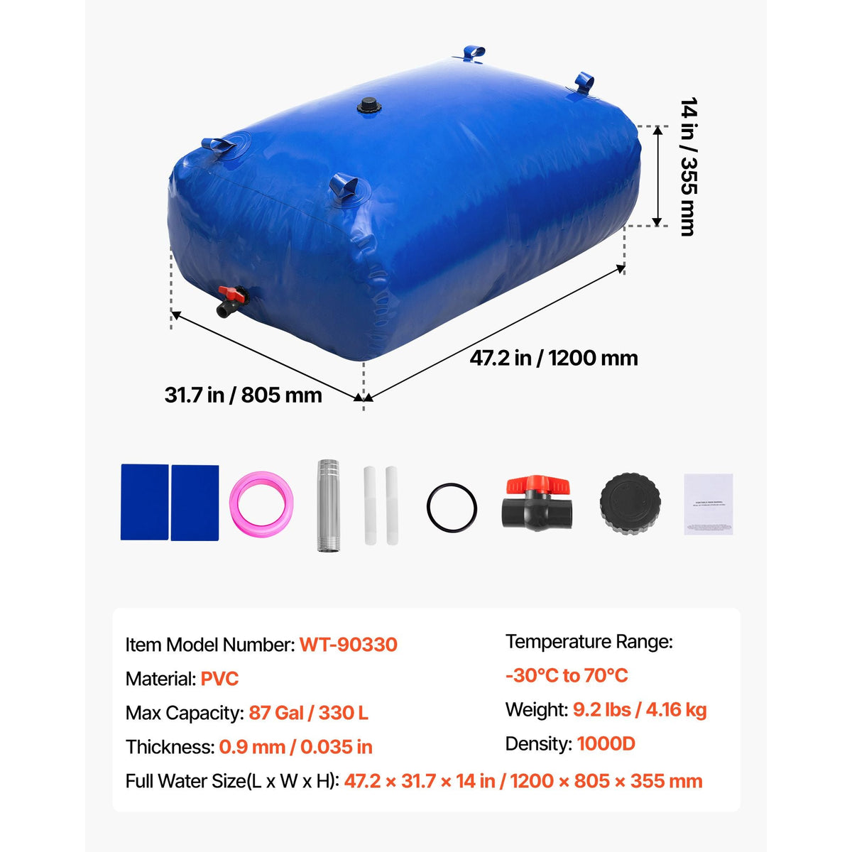 Water Storage Bladder, 87 Gallon (330L) Water Storage Container Tank, 1000D PVC Large Capacity Soft Bag Bladder, Collapsible Portable for Garden Irrigation, Camping, RVs, Fire Prevention, Blue