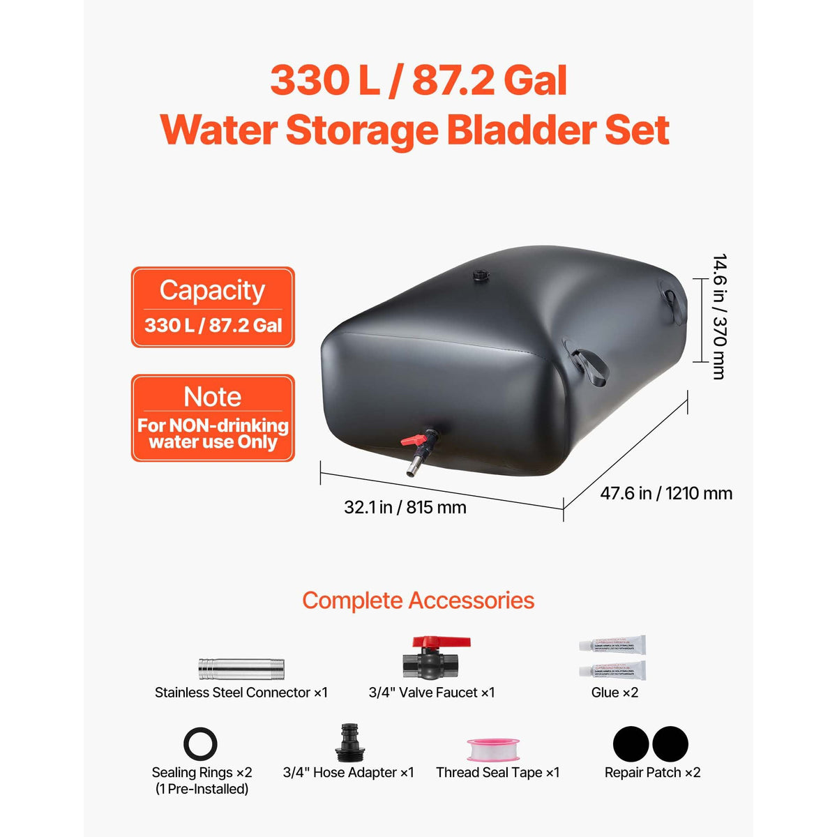 Water Storage Bladder, 87.2 Gal Collapsible Water Storage Bag, Wear-Resistant 1000D PVC Soft Waters Bag, Leakproof Camping Tank Containers for Garden Irrigation RV Emergency Use, Black