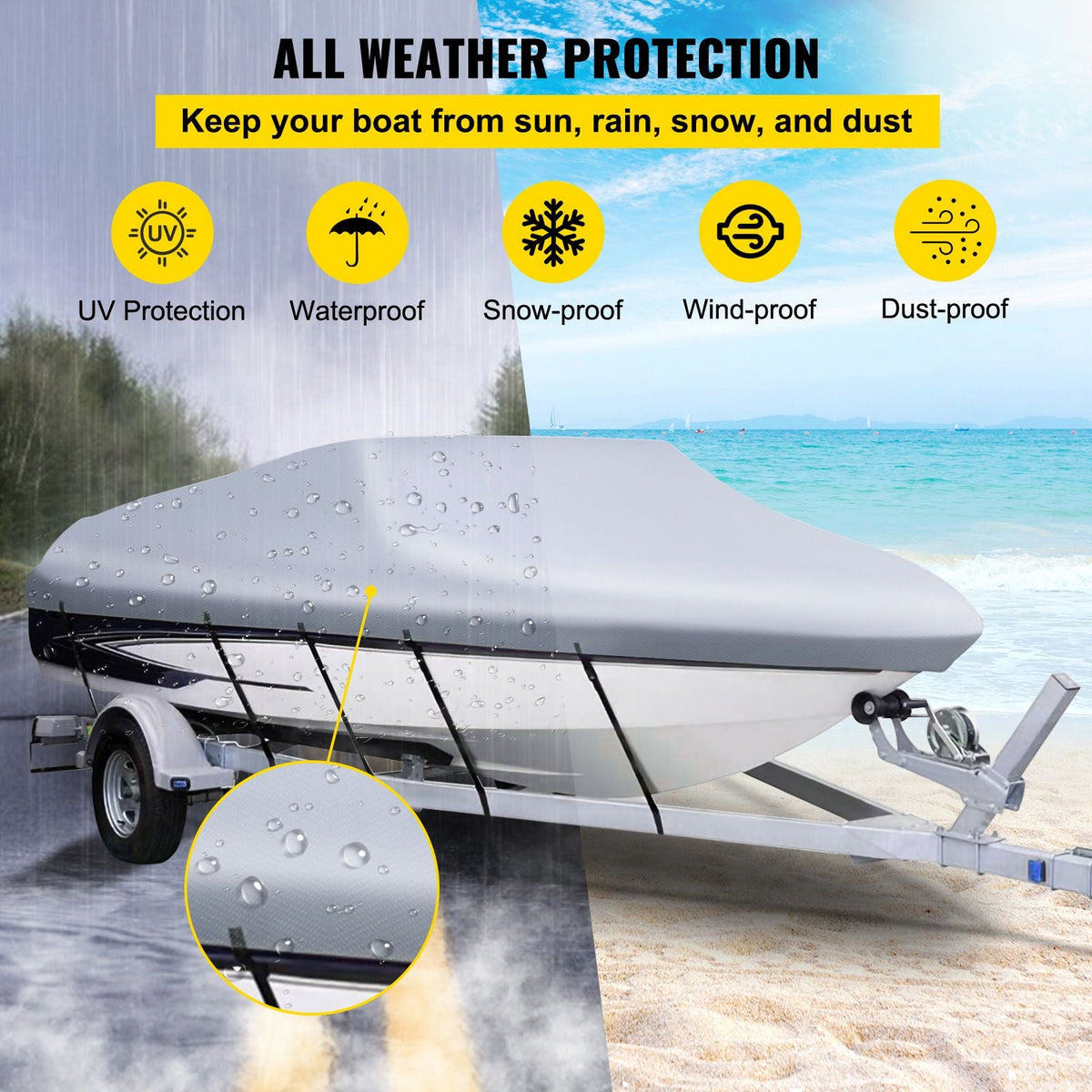 Waterproof Boat Cover, 14'-16' Trailerable Boat Cover, Beam Width up to 90" v Hull Cover Heavy Duty 600D Marine Grade Polyester Mooring Cover for Fits V-Hull Boat with 5 Tightening Straps