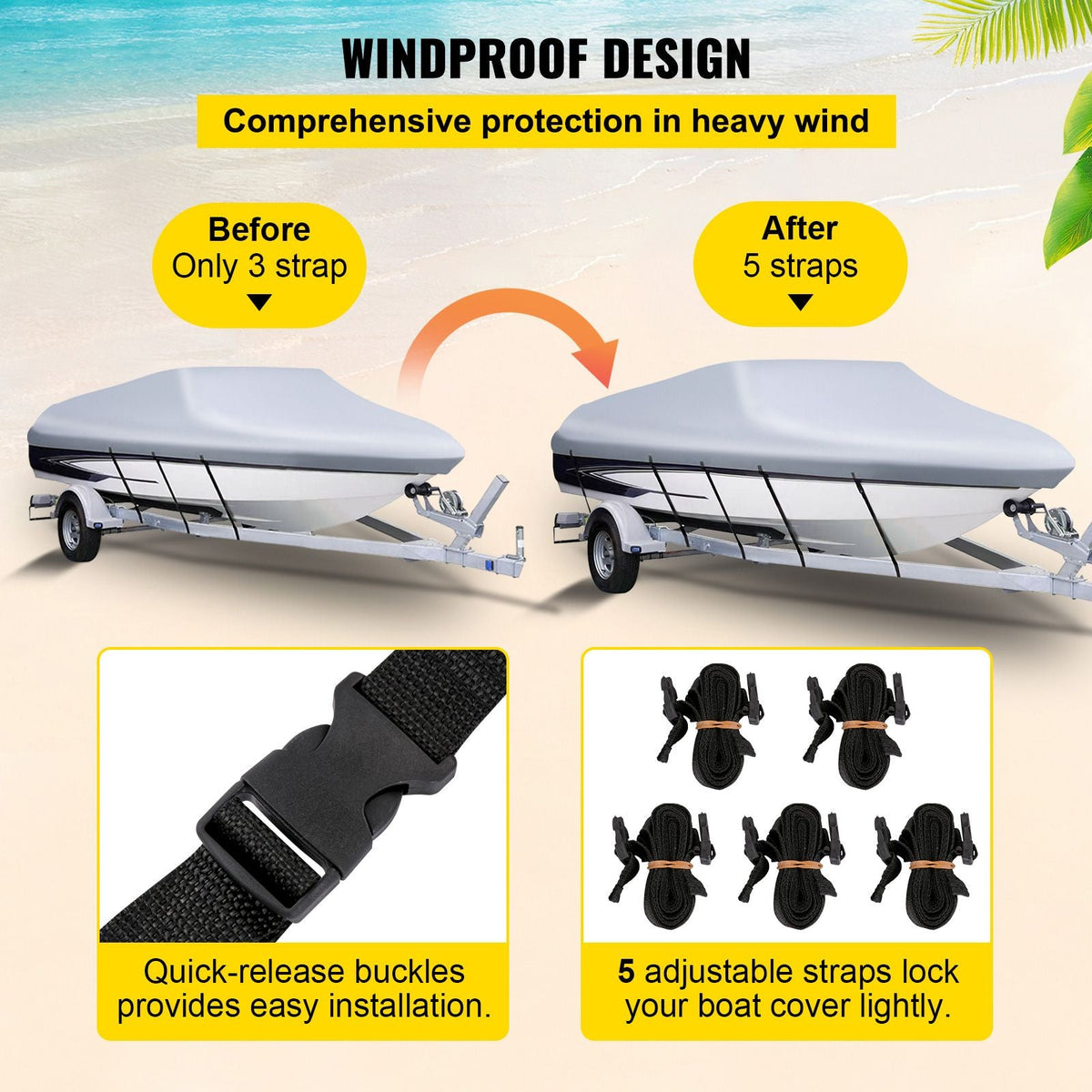 Waterproof Boat Cover, 14'-16' Trailerable Boat Cover, Beam Width up to 90" v Hull Cover Heavy Duty 600D Marine Grade Polyester Mooring Cover for Fits V-Hull Boat with 5 Tightening Straps