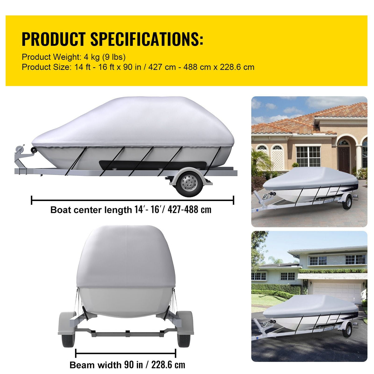 Waterproof Boat Cover, 14'-16' Trailerable Boat Cover, Beam Width up to 90" v Hull Cover Heavy Duty 600D Marine Grade Polyester Mooring Cover for Fits V-Hull Boat with 5 Tightening Straps